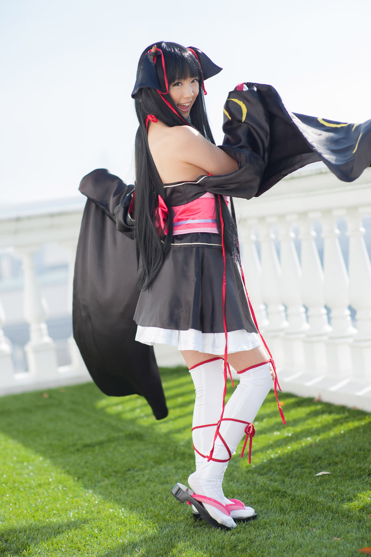 asian bare_shoulders black_hair breasts cosplay dress female long_hair shoes socks solo