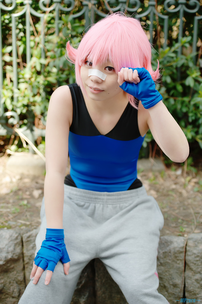 asian bandage cosplay fingerless_gloves leotard maylene_(pokemon) nintendo odeko photo pink_hair pokemon real real_person