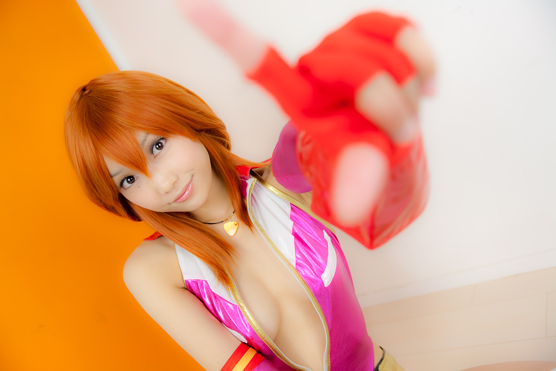 asian belt boots breasts cleavage cosplay female gloves long_hair orange_hair socks solo