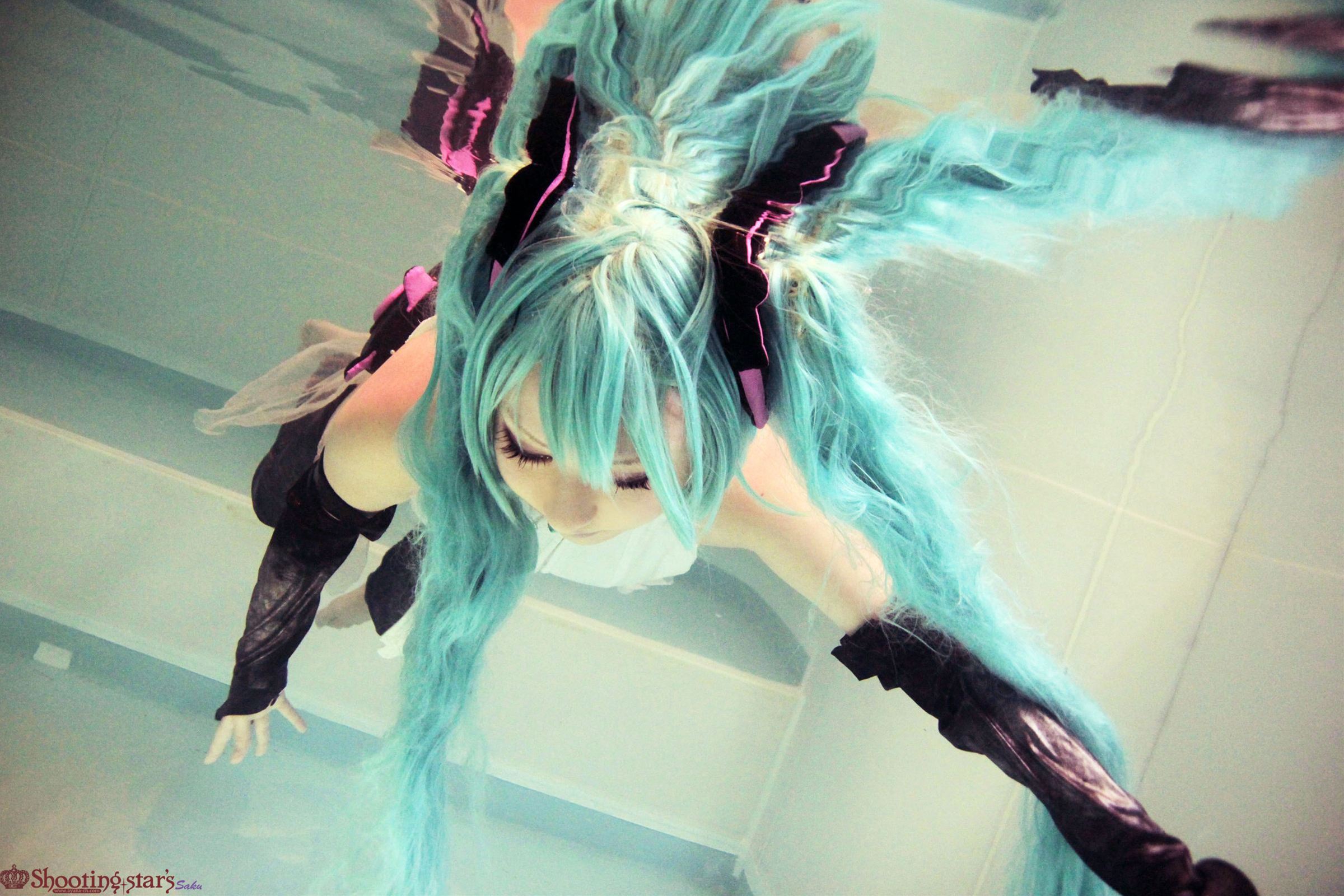 aqua_hair asian breasts cosplay elbow_gloves female gloves long_hair pigtails shooting_star solo watermark