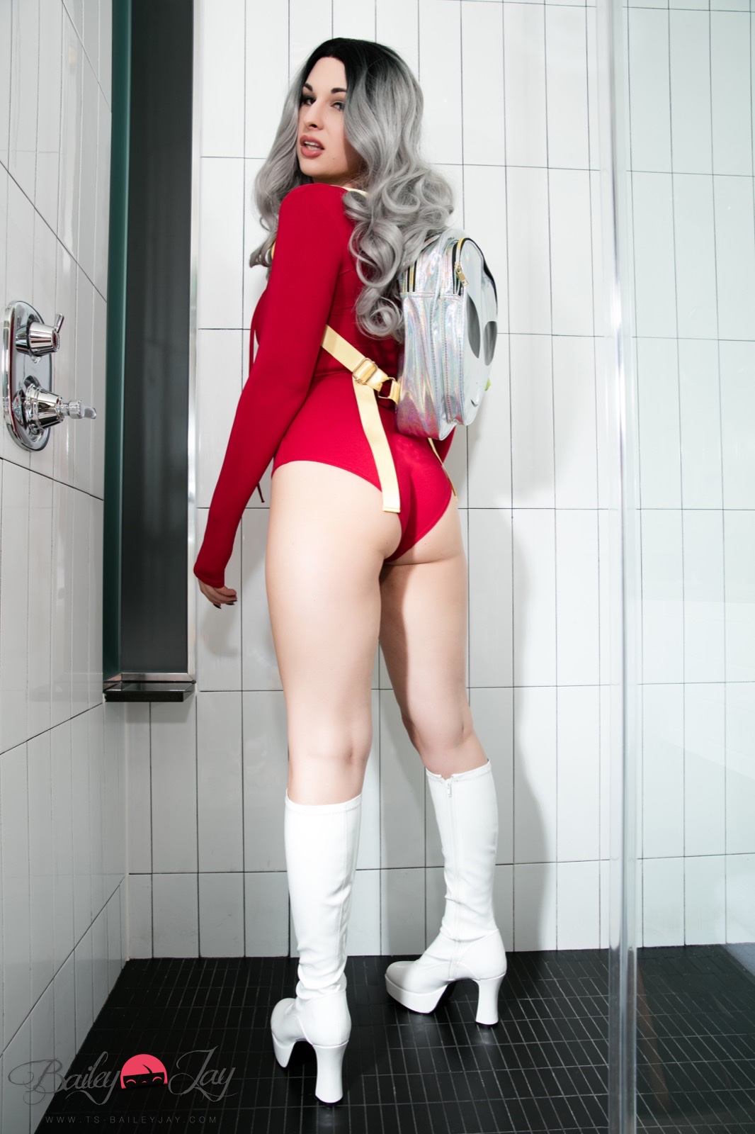 bailey_jay boots breasts grey_hair high_heels large_breasts long_hair shemale shower solo watermark