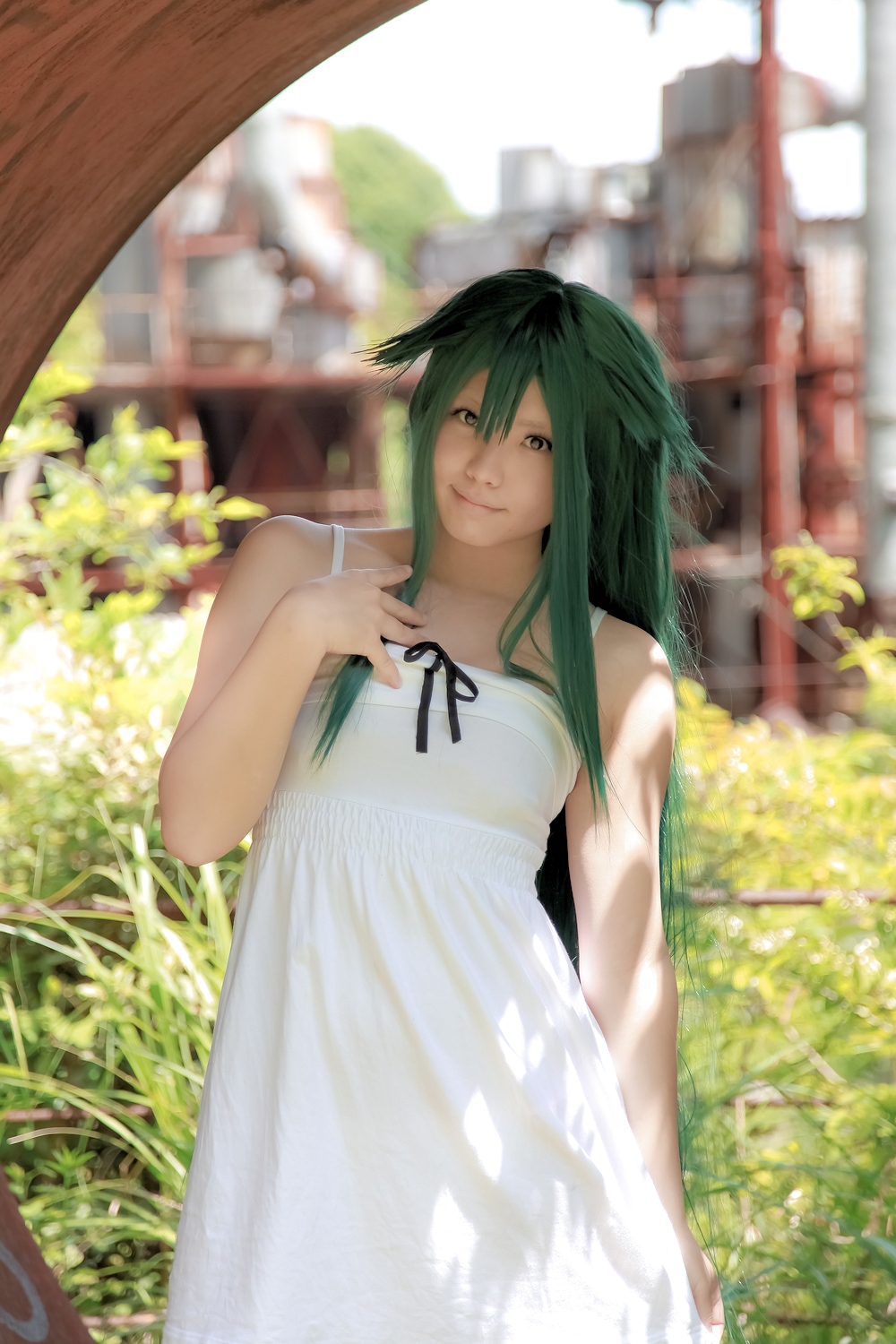asian breasts cosplay dress enako female green_hair long_hair outside solo