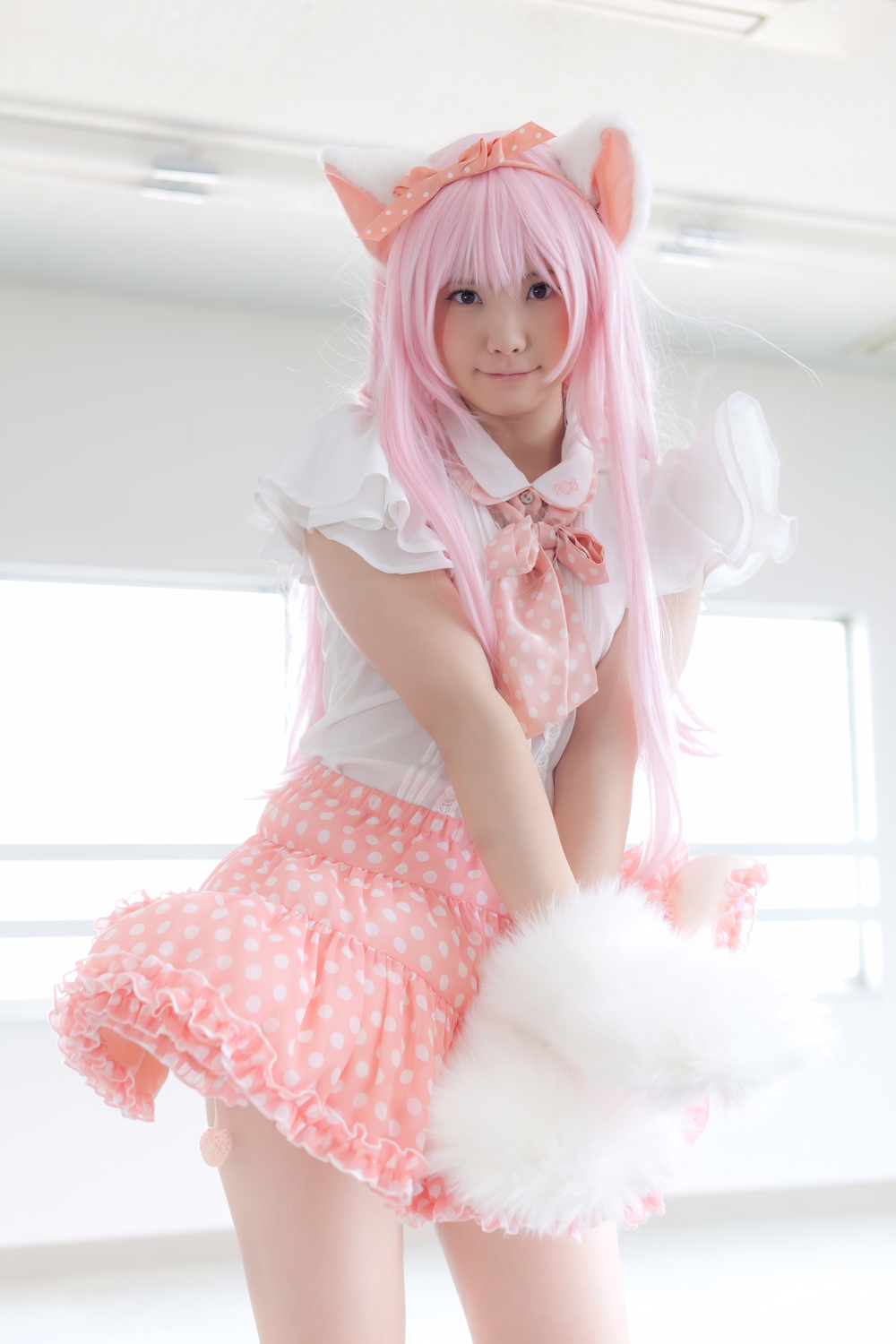 animal_ears asian breasts cosplay enako female long_hair pink_hair solo