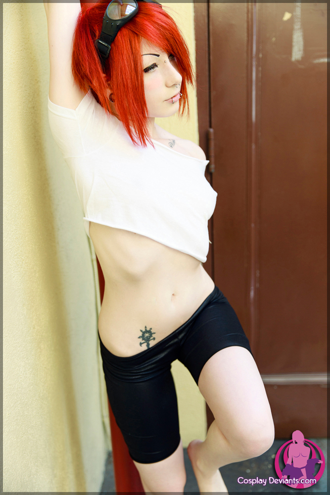 breasts cosplay female long_hair porphyria red_hair solo tattoo watermark