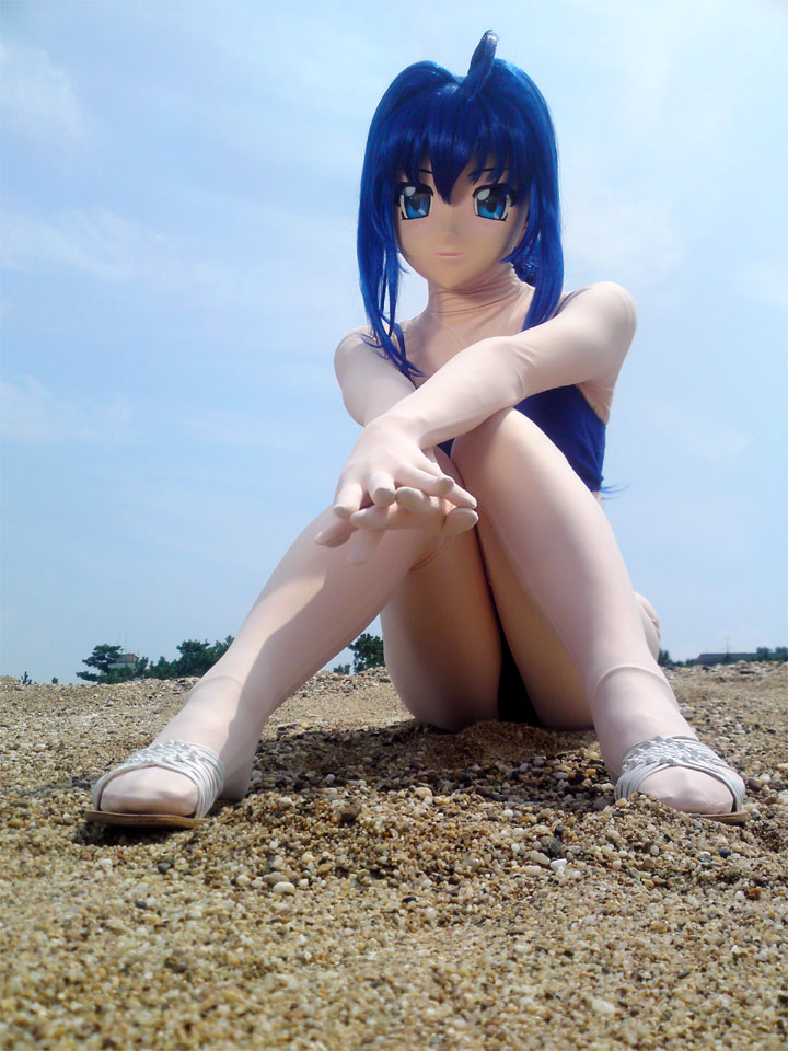 blue_hair breasts female kigurumi long_hair outside shoes sitting solo
