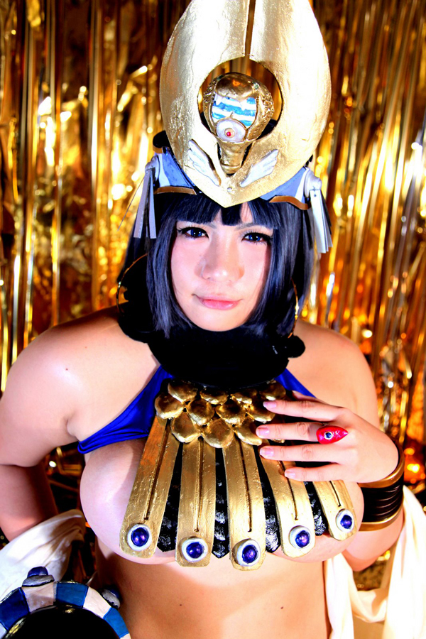 blue_hair breasts chouzuki_maryou cosplay female hat huge_breasts midriff navel short_hair solo watermark