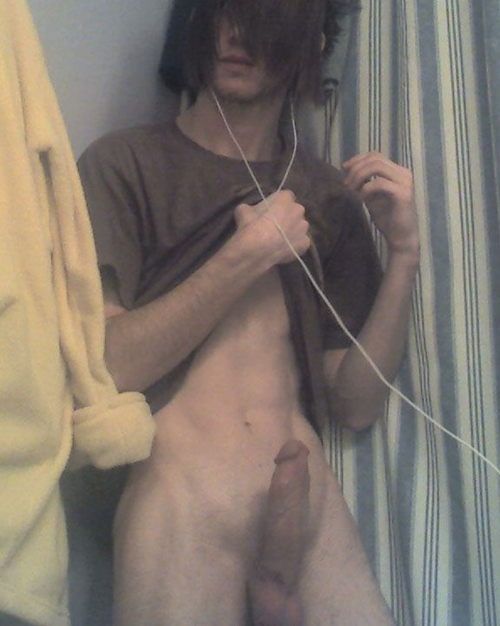 bathroom black_hair emo gay headphones human long_penis male penis photo self_shot shirt_lift