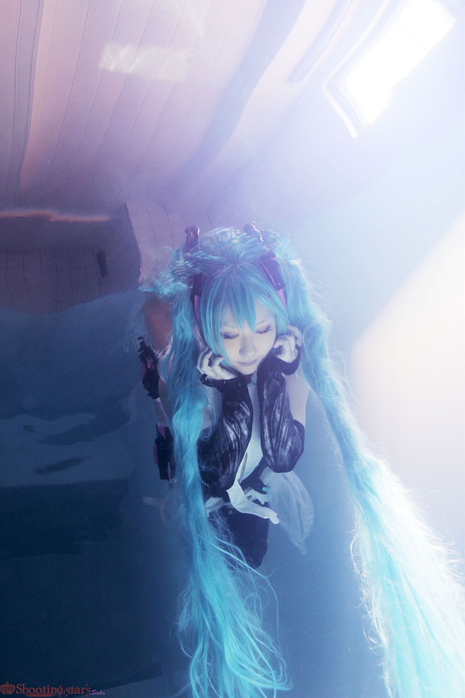 aqua_hair asian breasts cosplay elbow_gloves female gloves long_hair pigtails shooting_star solo watermark