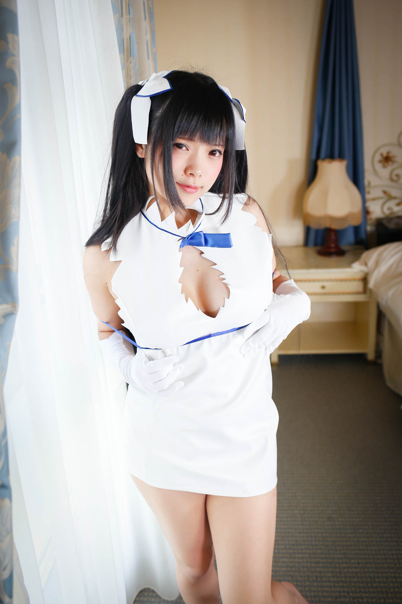 asian black_hair breasts cosplay female long_hair pigtails solo