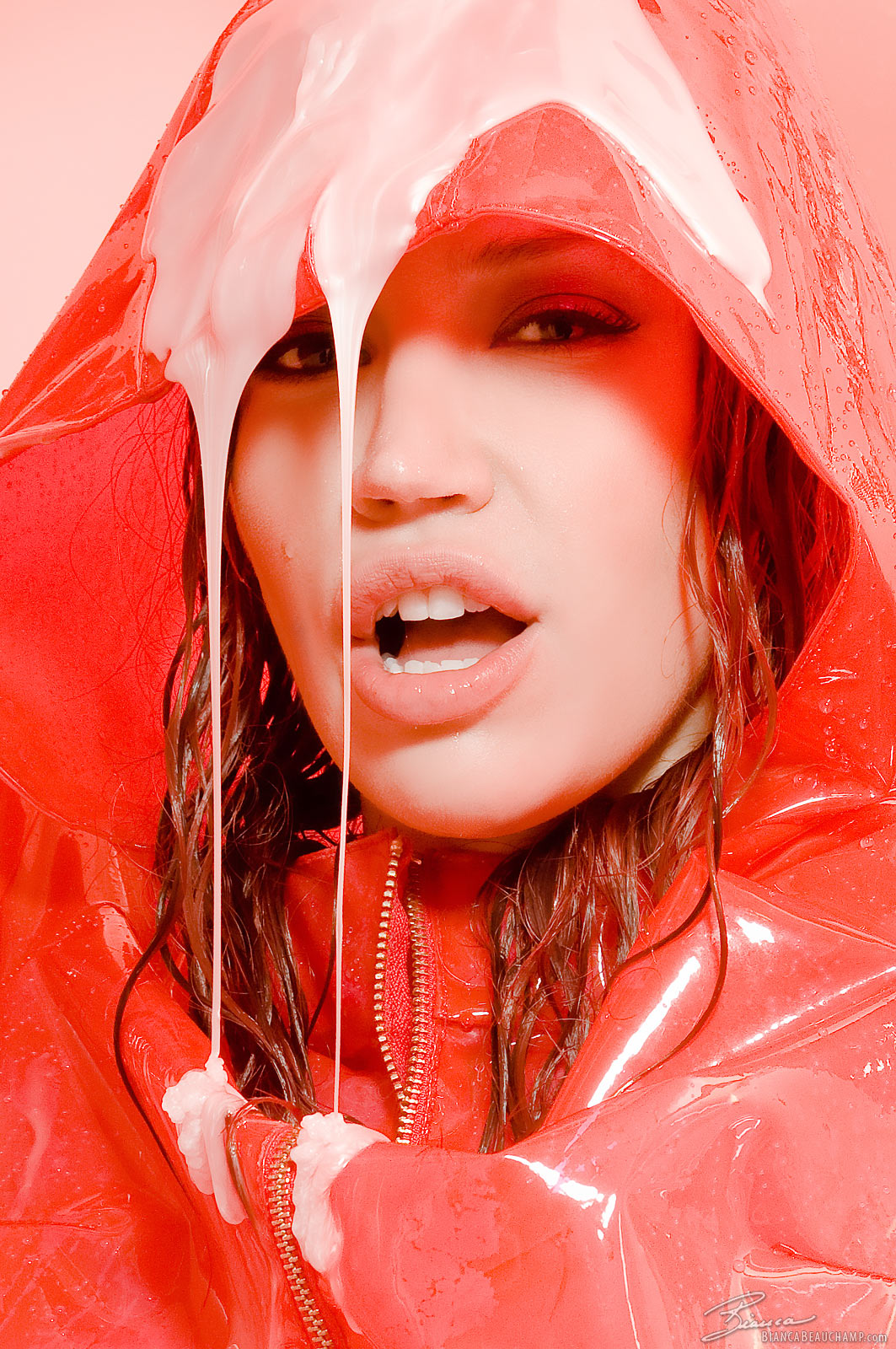 bianca_beauchamp breasts female large_breasts latex long_hair lotion nail_polish raincoat red_hair shower solo watermark wet