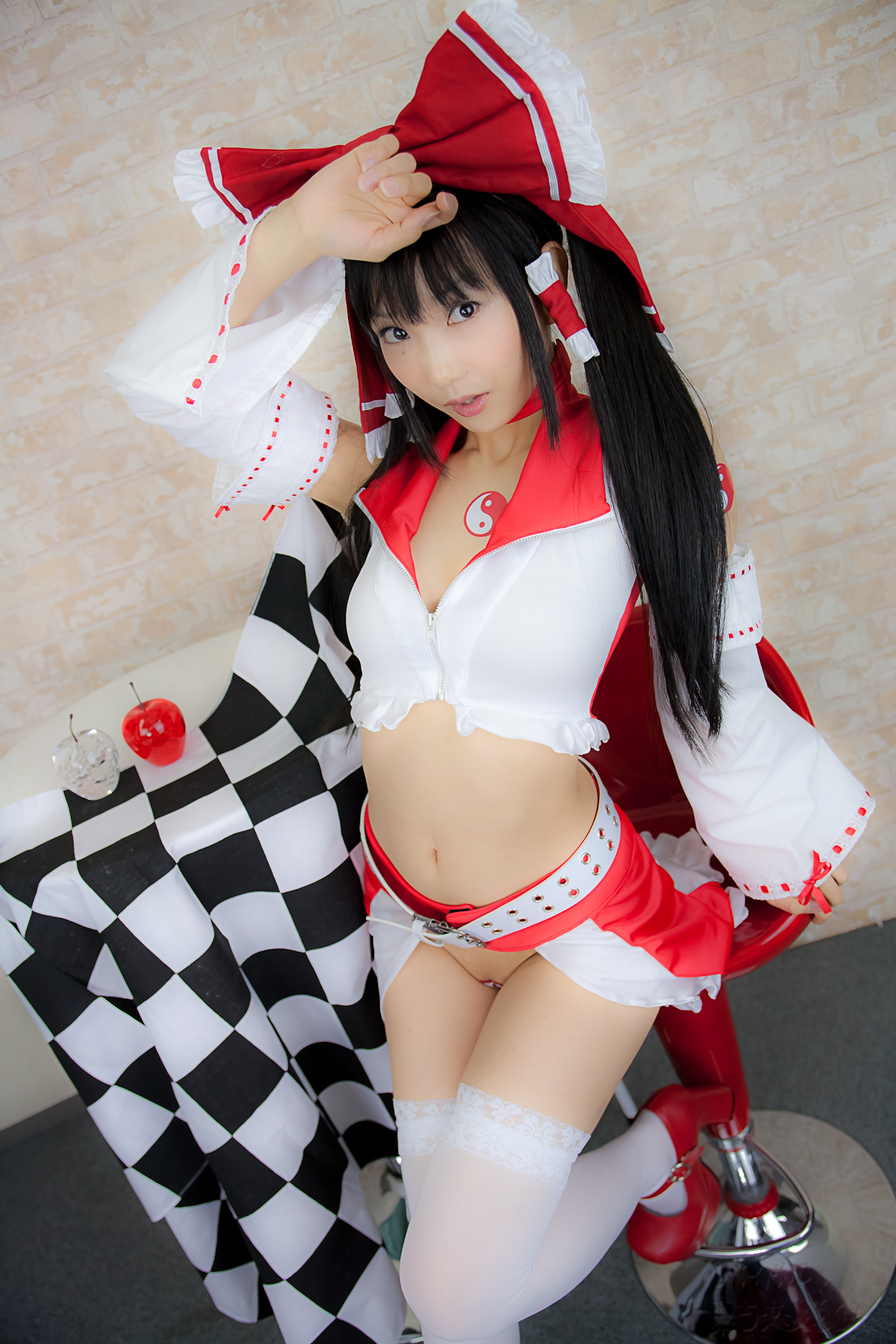 asian belt black_hair breasts cosplay female high_heels long_hair midriff shoes solo thighhighs