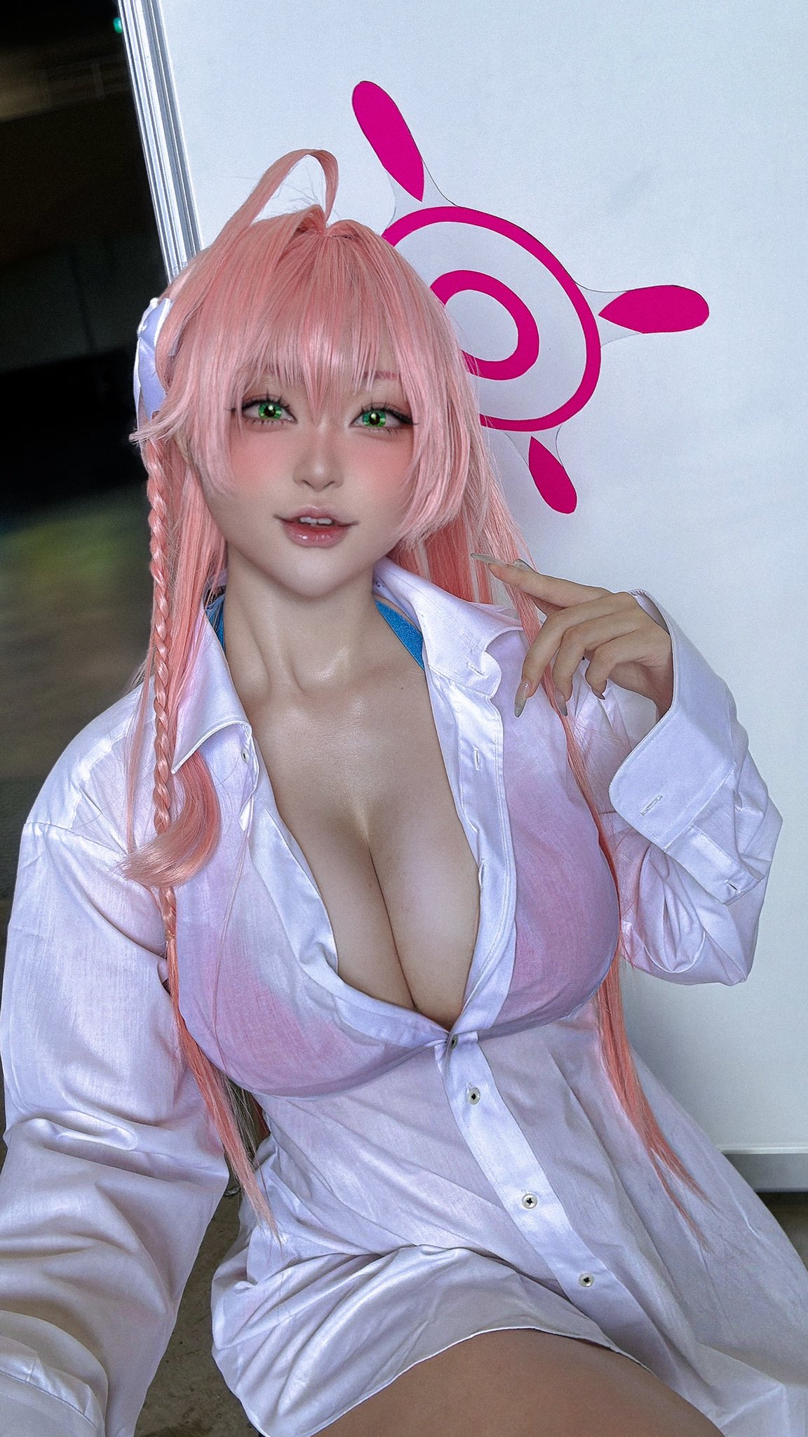 1girl asian bikini bikini_under_clothes blue_archive breasts chamomile_(cosplayer) cleavage cosplay halo hanako_(blue_archive) japanese long_hair pink_bikini pink_hair see-through_clothing see-through_shirt shirt solo swimsuit very_long_hair wet wet_clothes white_shirt