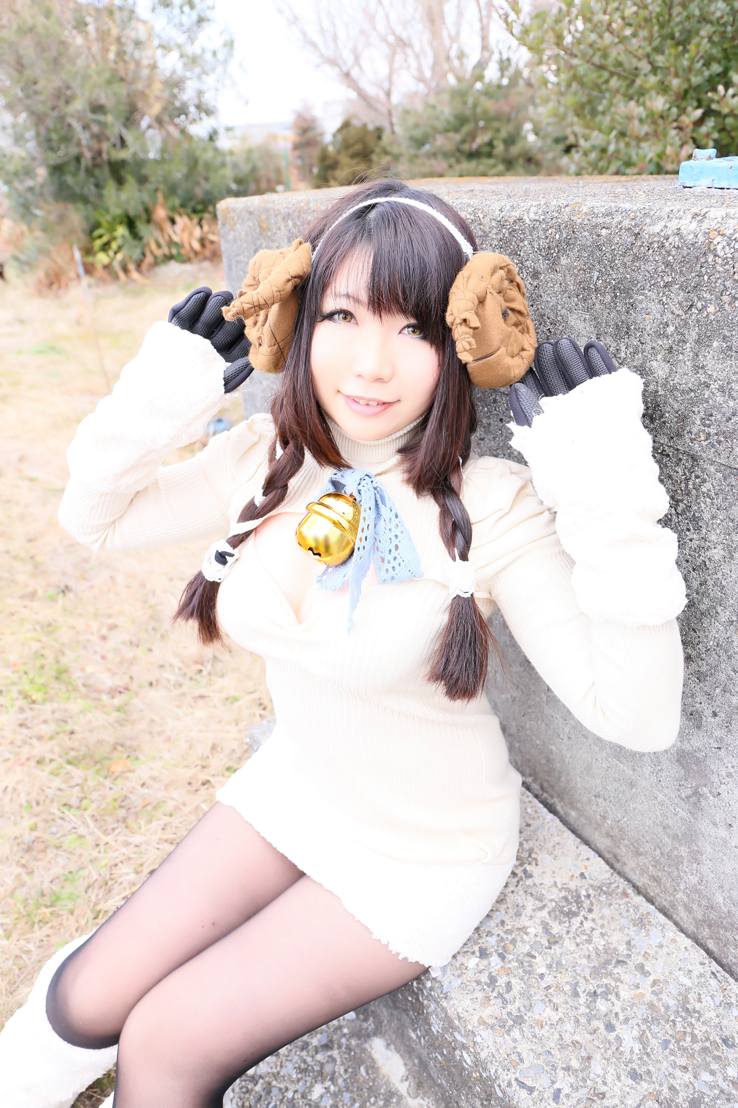 asian breasts brown_hair cosplay female horns long_hair shoes solo