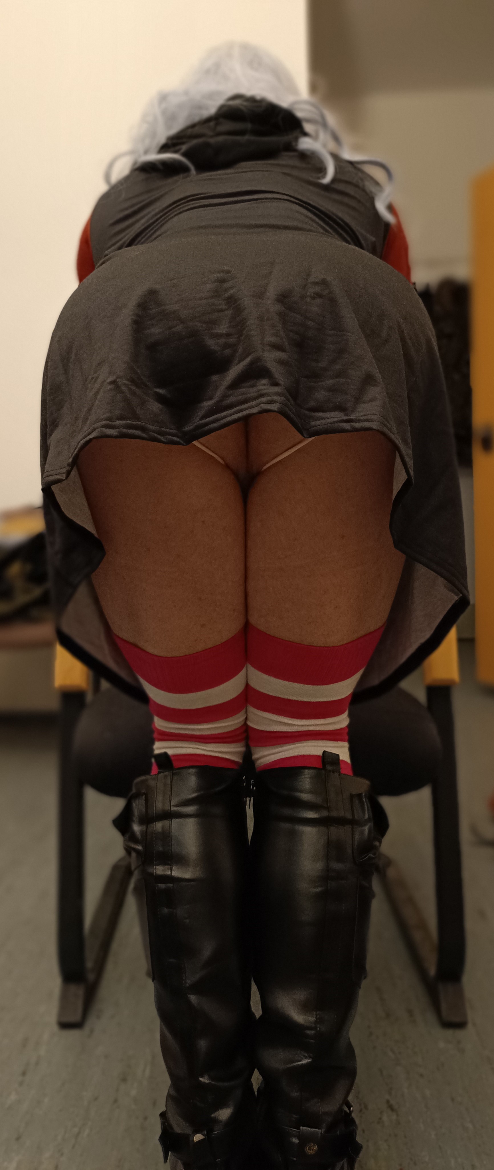 bent_over big_ass big_butt boots dress gay gaybimbobitch striped_legwear striped_socks thick