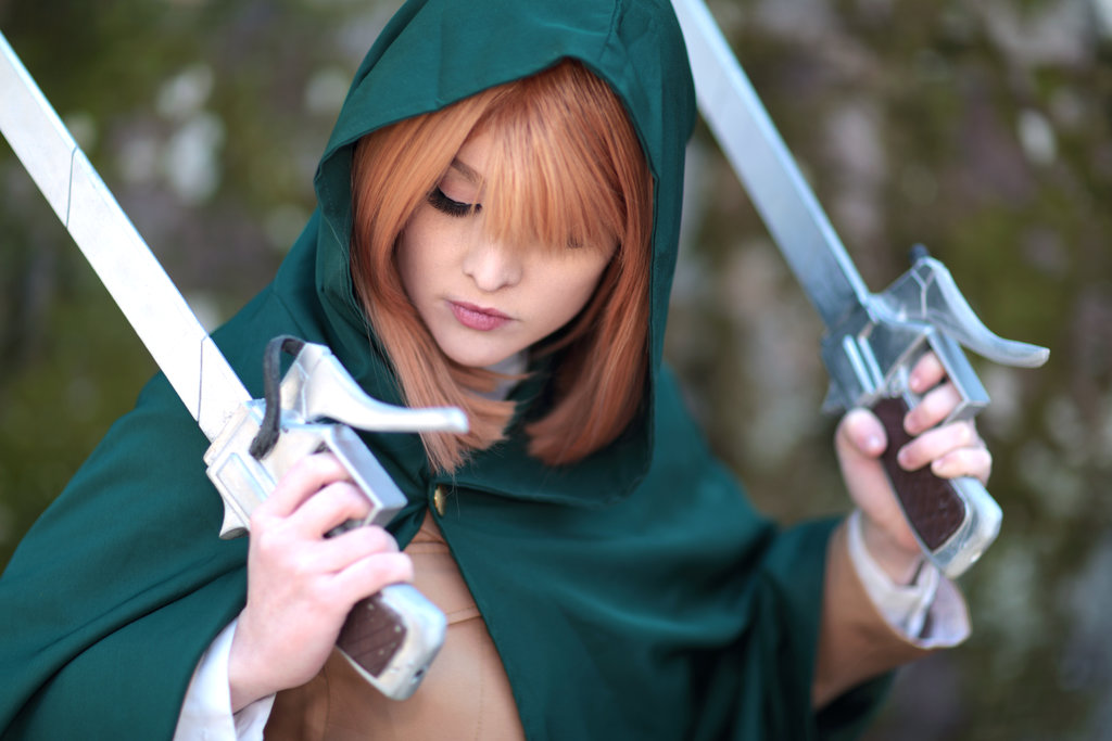 1girl attack_on_titan breasts brown_hair cosplay female foxycosplay long_hair petra_ral solo sword tagme