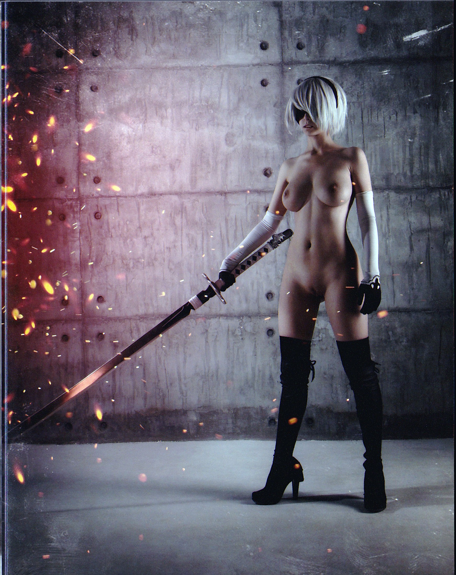 areolae ass blindfold breasts cosplay disharmonica dressage elbow_gloves female gloves hairband helly_valentine highres navel nier nier:_automata nipples nude parted_lips pussy short_hair simple_background solo sword thigh_boots thighs weapon white_hair yorha_2b yorha_2b_(cosplay)