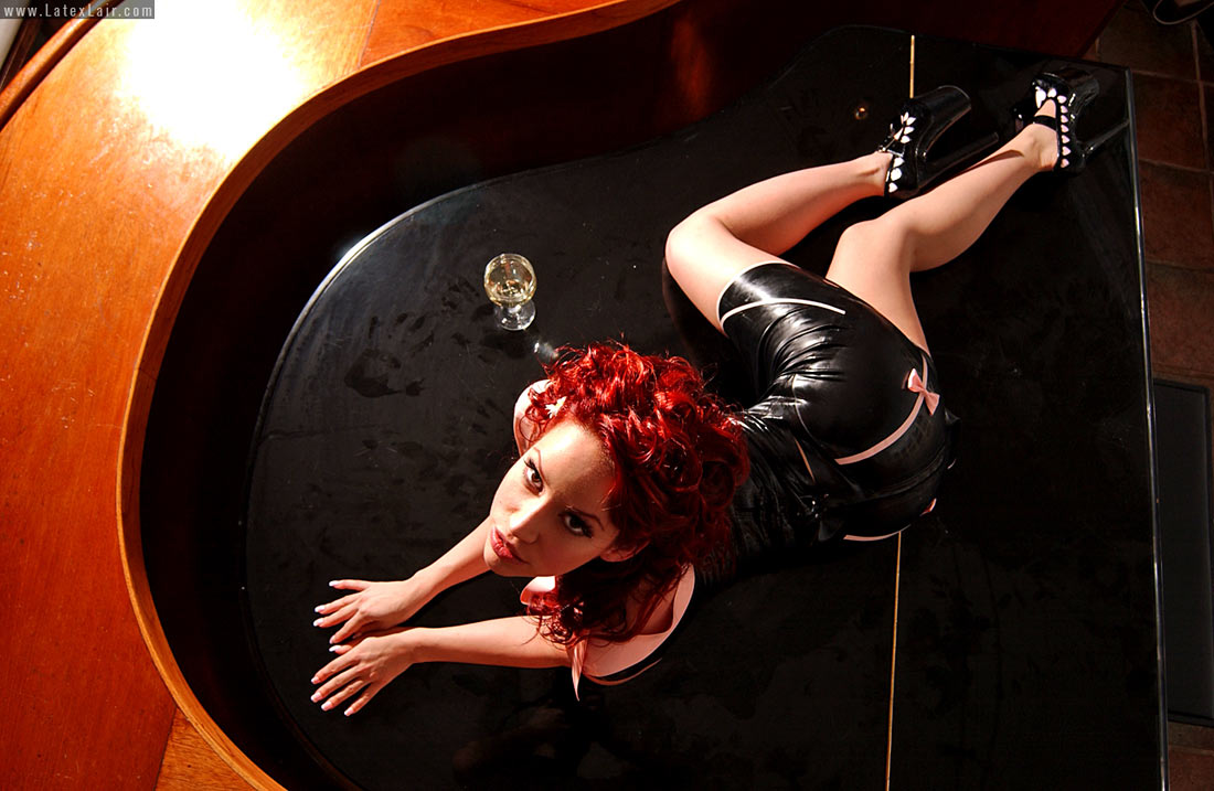 bianca_beauchamp breasts dress female high_heels large_breasts latex long_hair piano red_hair shoes solo watermark