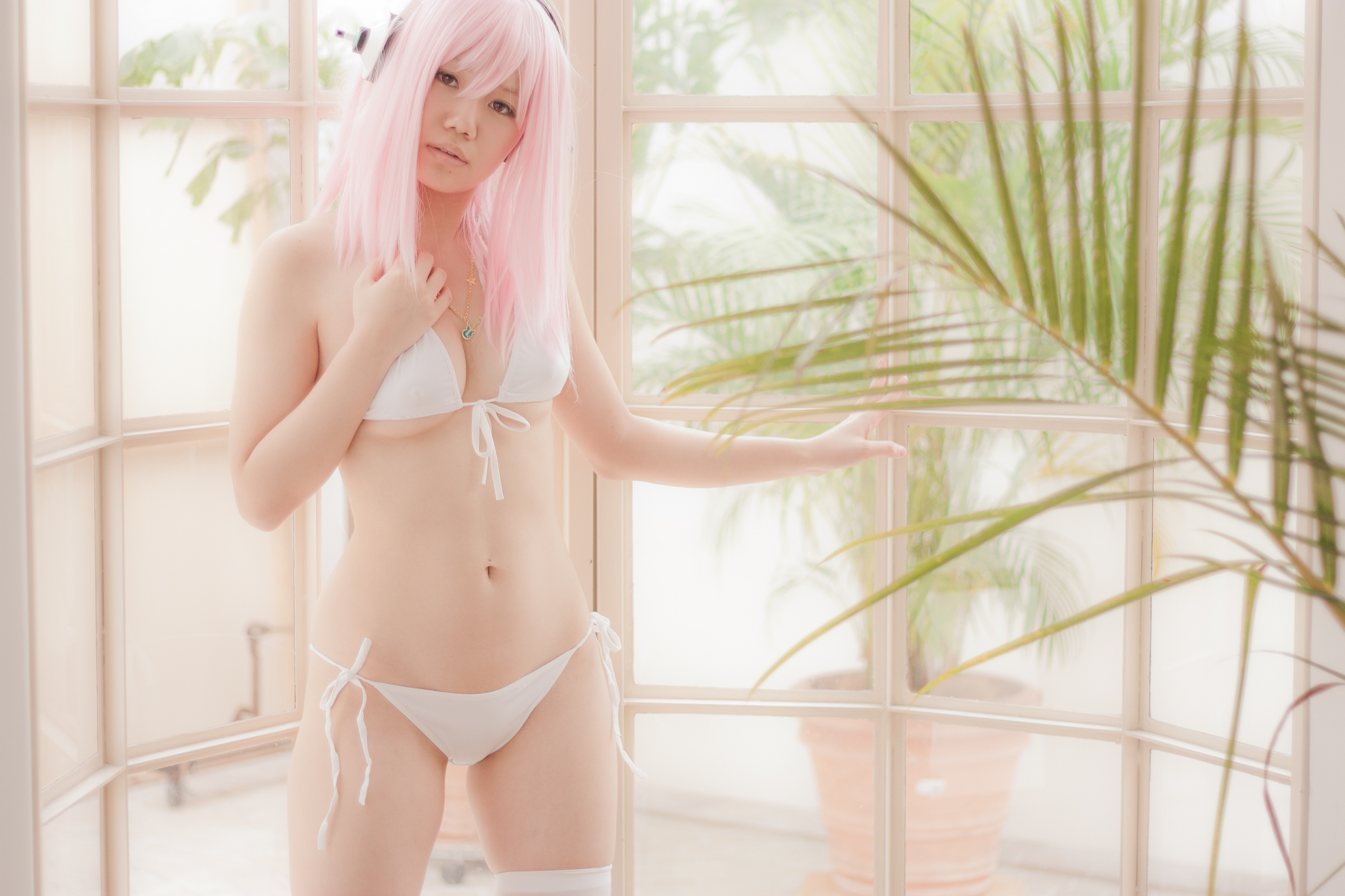 asian bikini breasts cosplay female headphones long_hair pink_hair solo