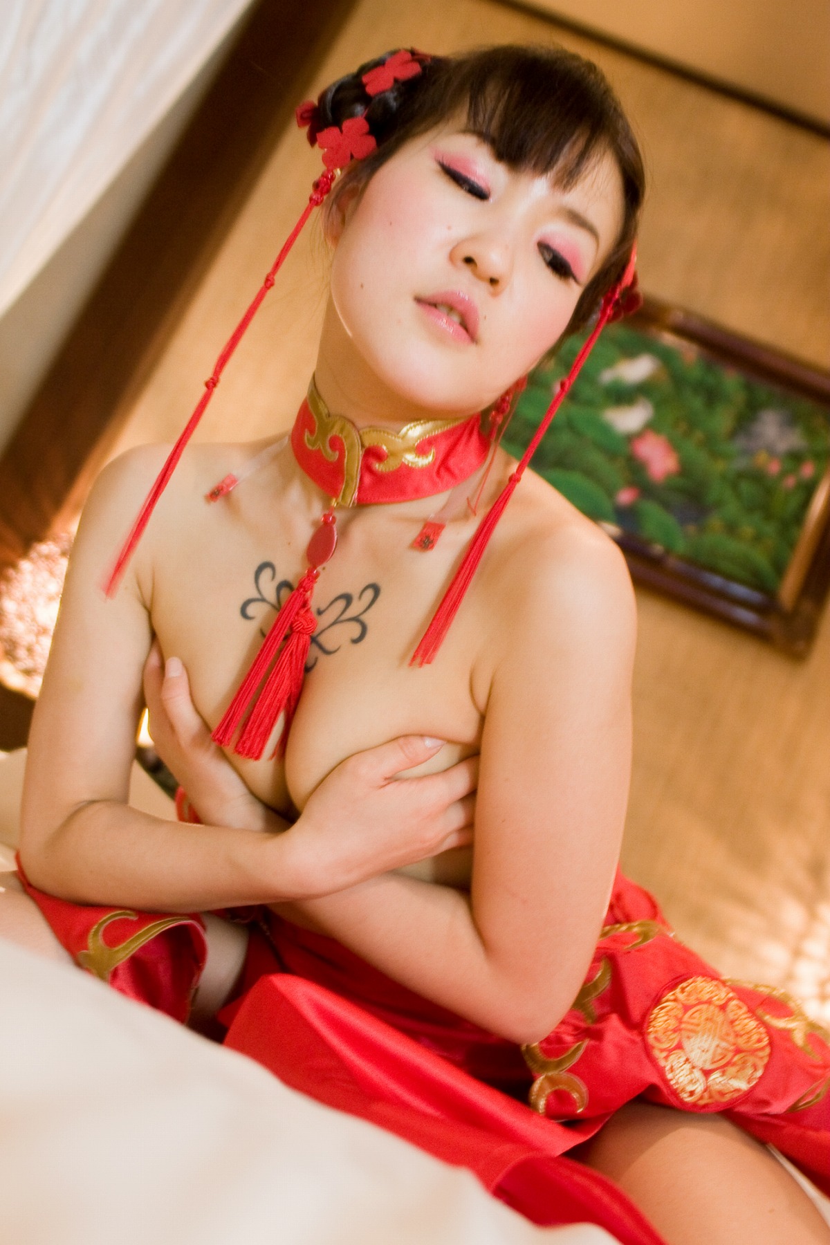 asian breasts brown_hair cosplay earrings female long_hair makeup solo