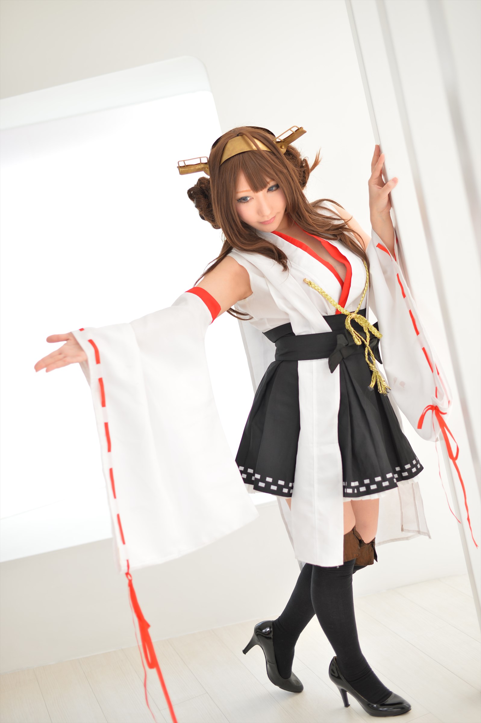 asian breasts brown_hair cosplay female high_heels large_breasts long_hair shoes shooting_star skirt solo