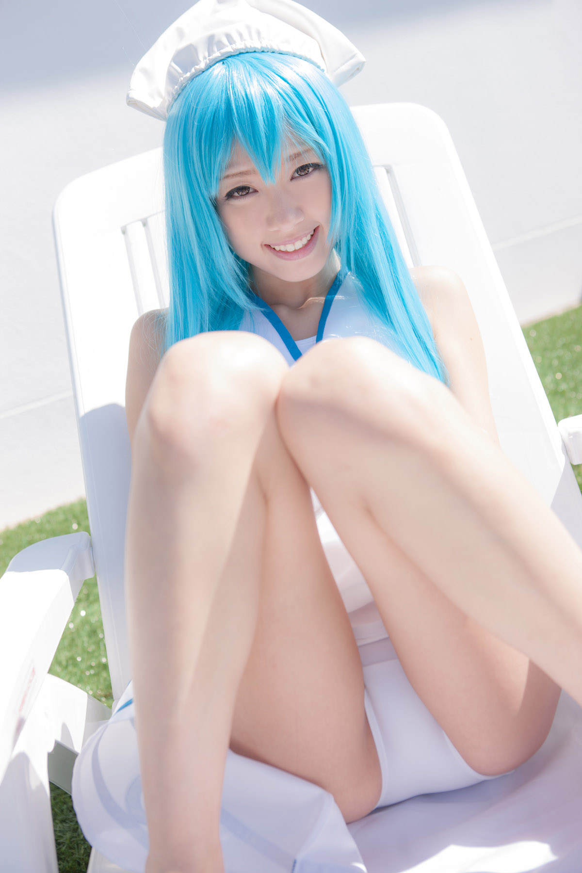 asian blue_hair breasts cosplay dress female hat long_hair outside panties solo