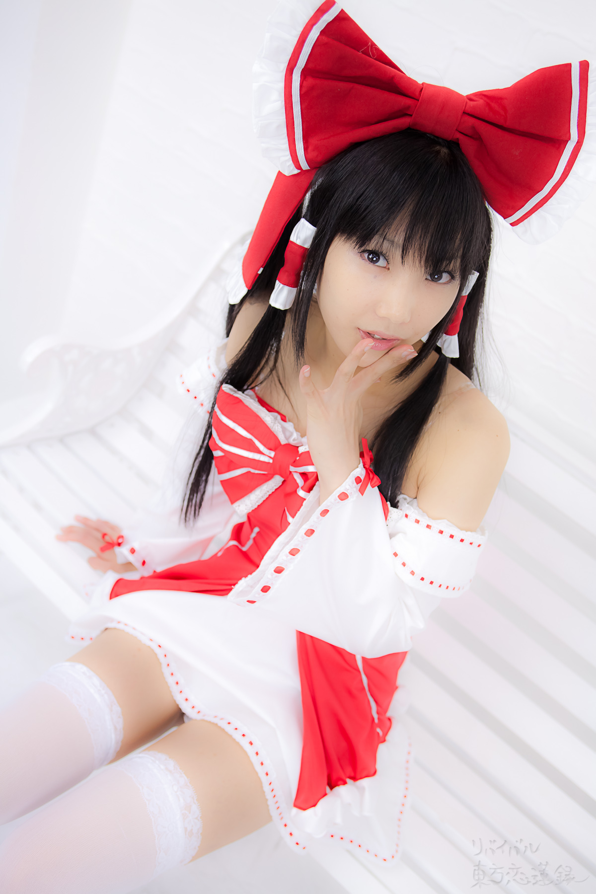 asian black_hair breasts cosplay dress female long_hair shoes solo thighhighs