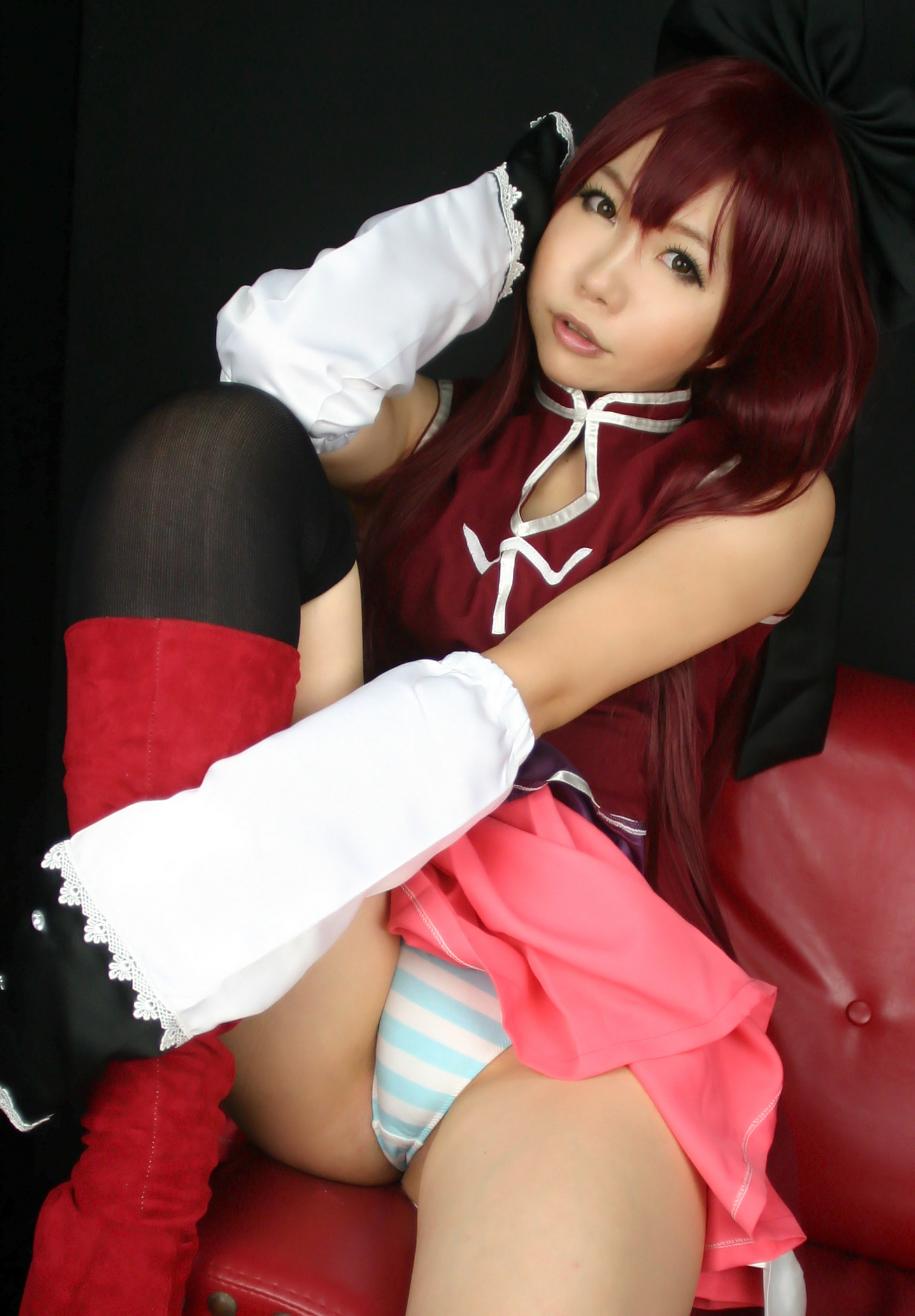 asian breasts cosplay female higurashi_rin long_hair red_hair solo watermark