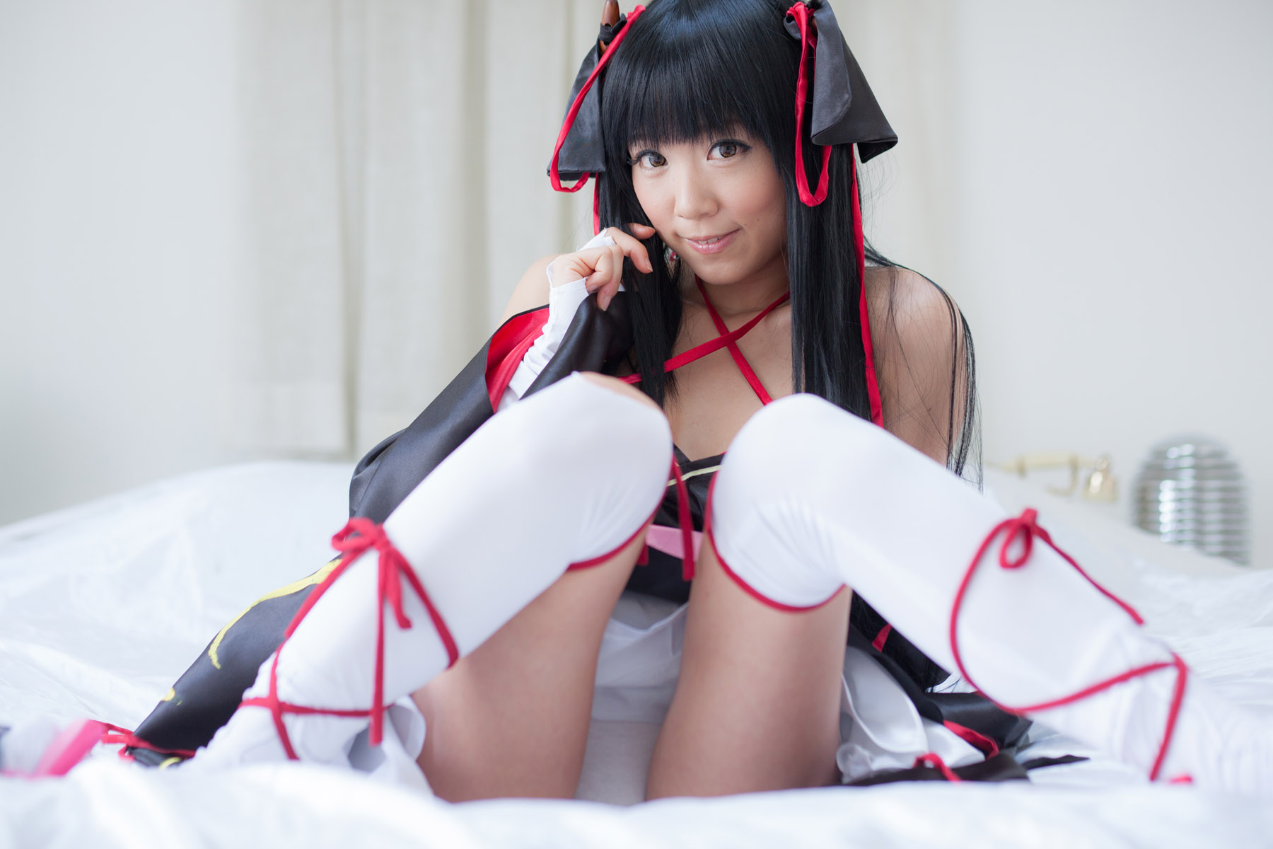 asian bare_shoulders black_hair breasts cosplay dress female long_hair shoes socks solo