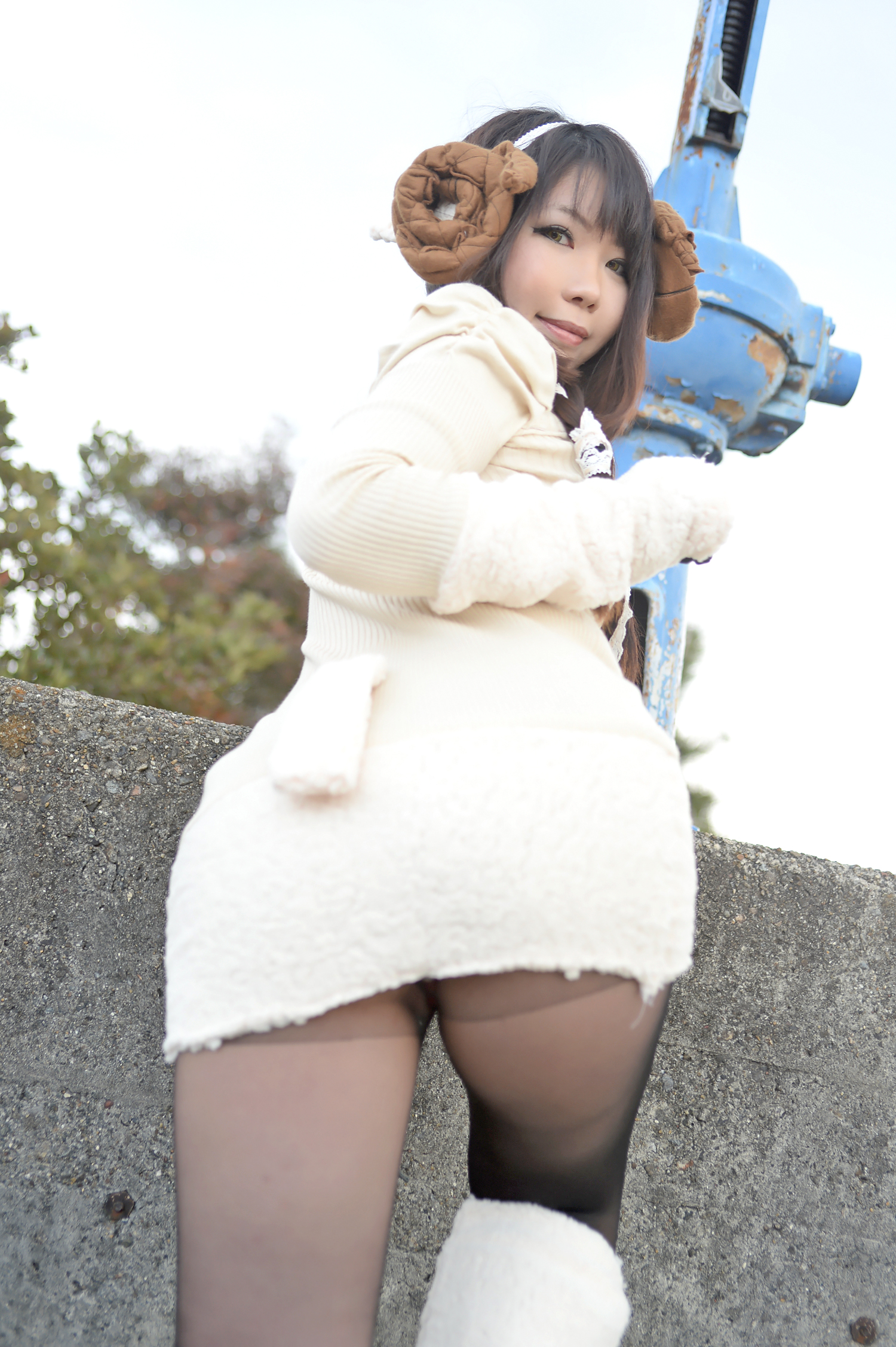 asian brown_hair cosplay female horns long_hair pantyhose solo