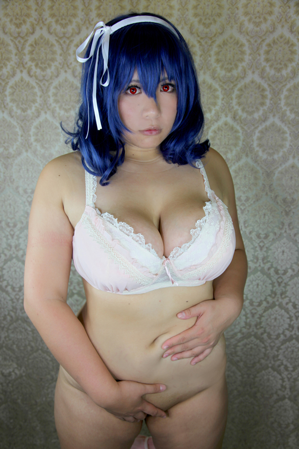 blue_hair bottomless bra breasts chouzuki_maryou cleavage cosplay large_breasts long_hair