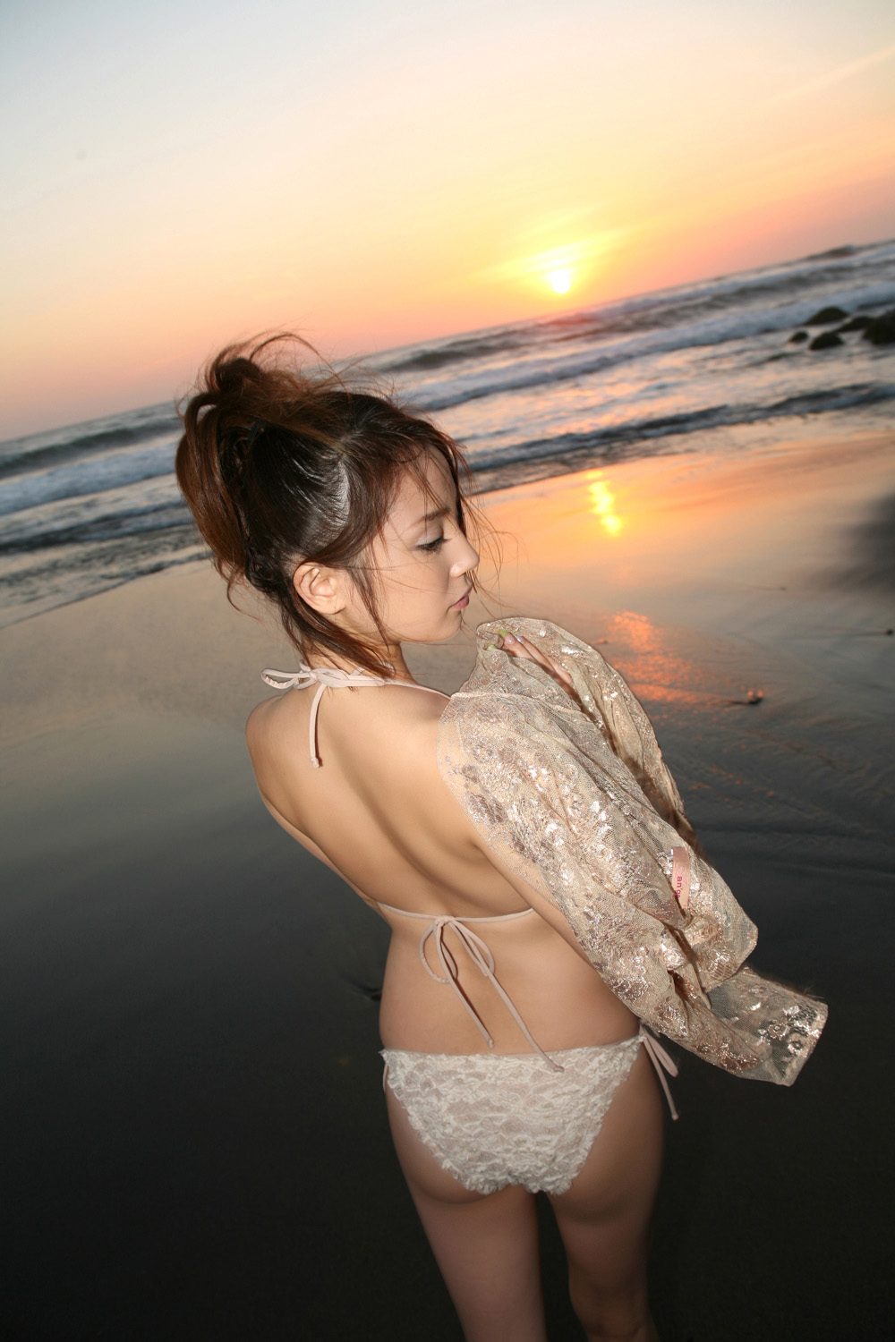 asian ass beach bra brown_hair cleavage female long_hair midriff navel panties solo