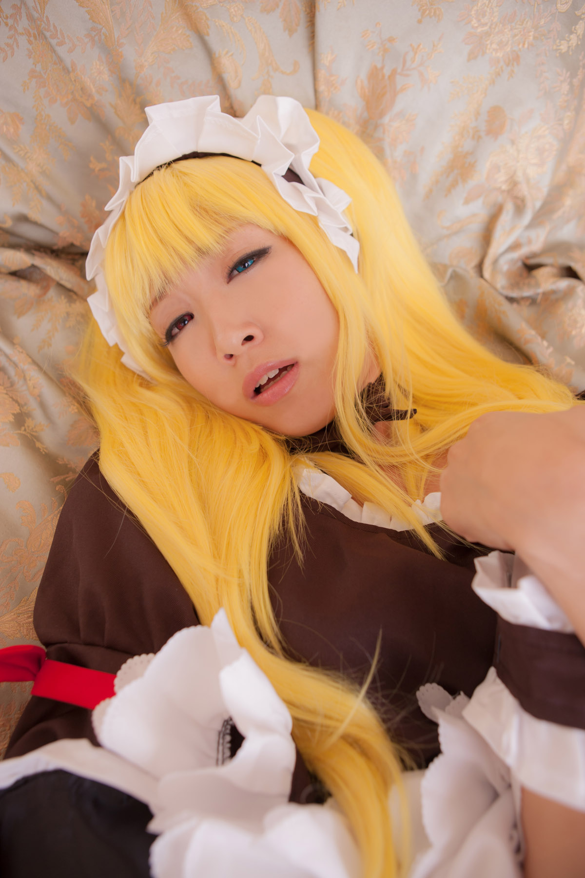 asian bed blonde_hair breasts cosplay dildo dress female high_heels large_breasts long_hair panties shoes solo thighhighs twintails