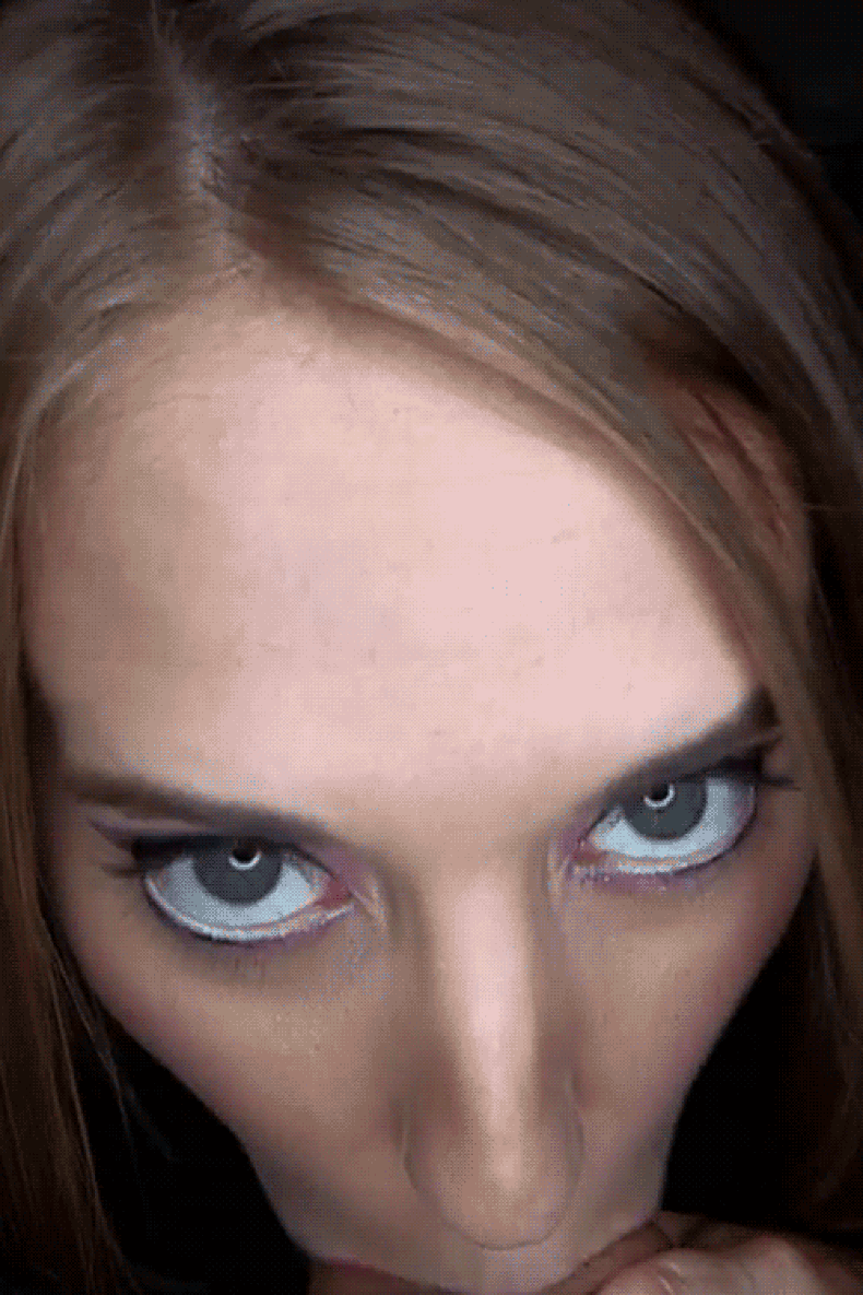 1boy 1girl animated brown_hair brunette cadence_lux closeup fellatio female gif green_eyes hair hand_on_penis lips lipstick looking_at_viewer makeup oral penis pov red_lipstick source_request