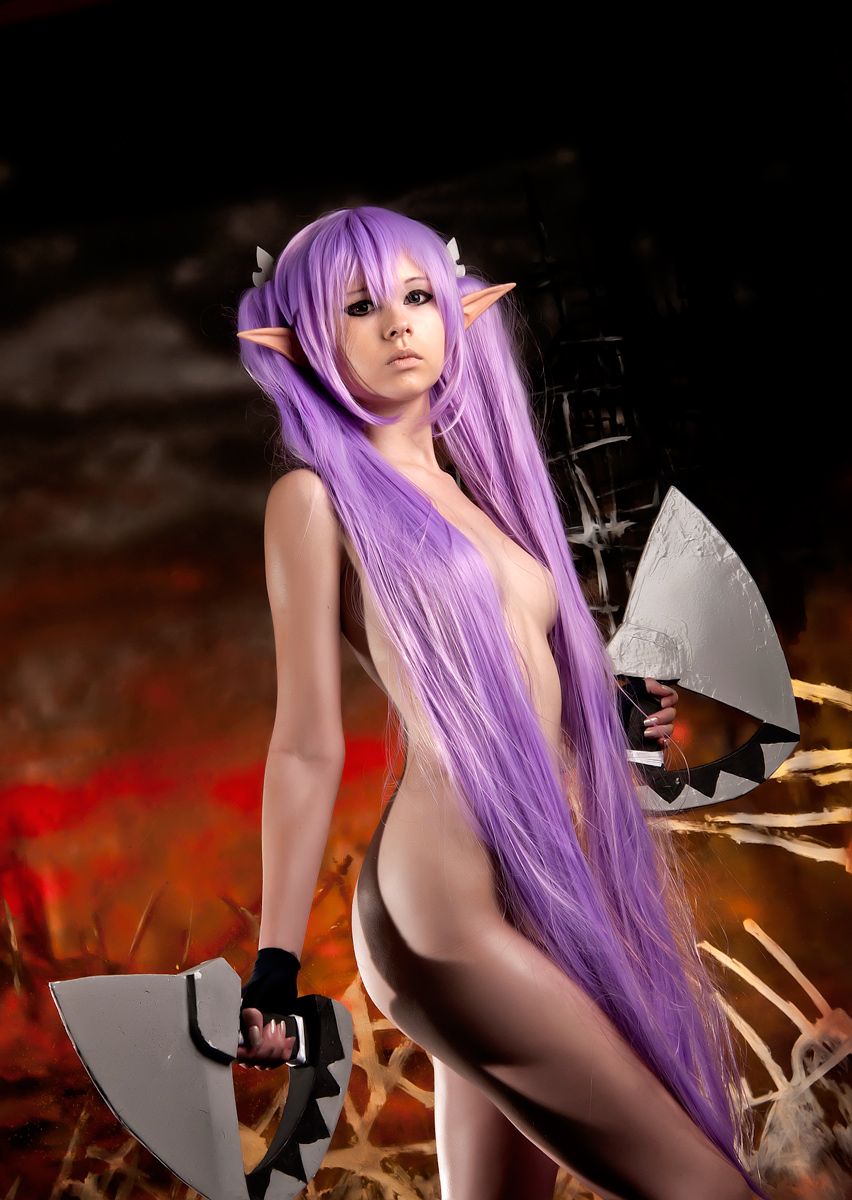 1girl agarest_senki_(series) breasts cosplay female fyuria gloves long_hair nude pointy_ears purple_hair record_of_agarest_war solo twintails vandych_alex