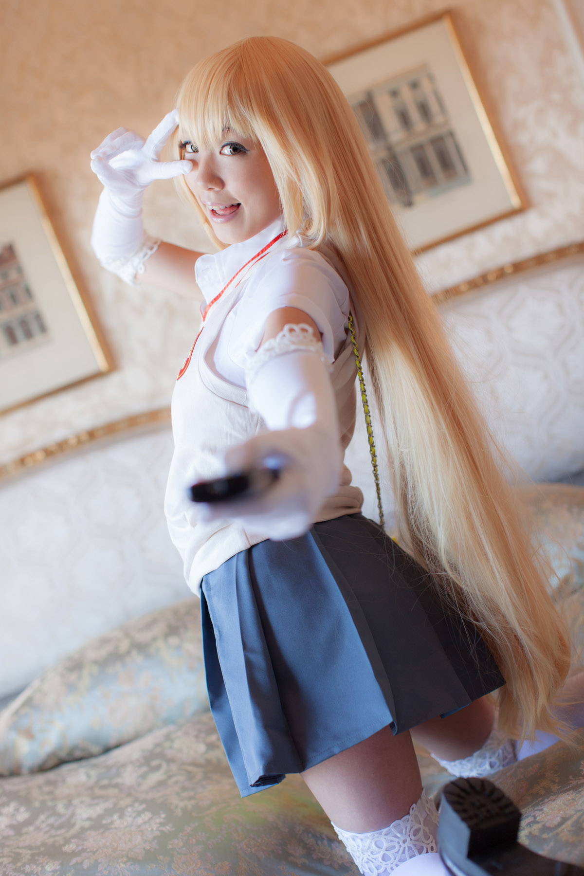 asian bed blonde_hair breasts cosplay female gloves handbag high_heels long_hair shoes skirt solo thighhighs