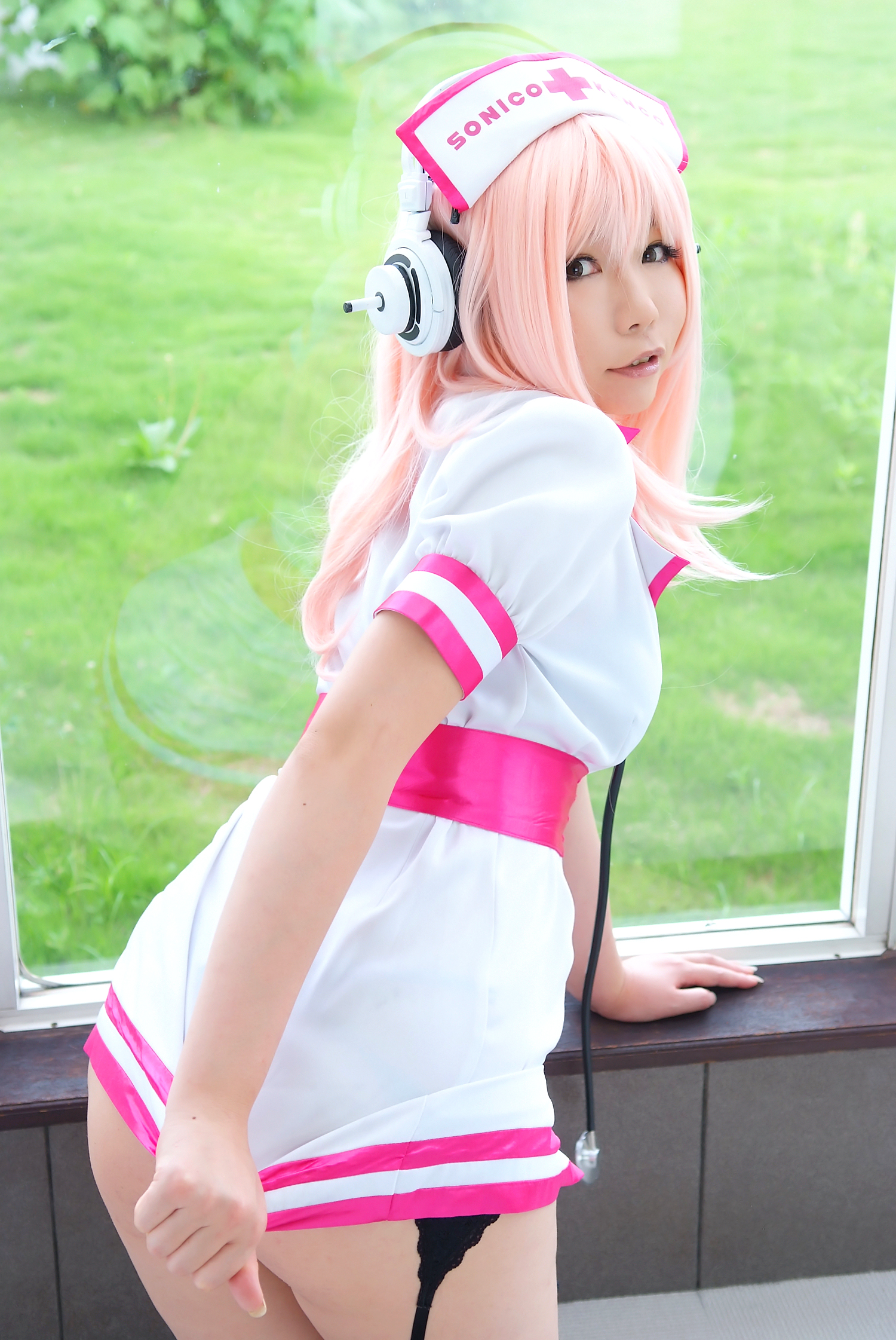 asian breasts female headphones high_heels long_hair pink_hair shoes skirt solo