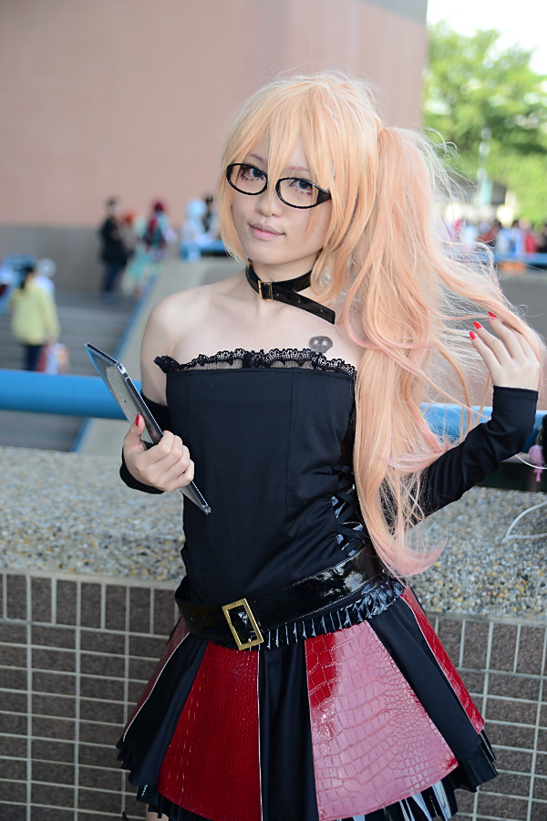 asian bare_shoulders belt blonde_hair boots breasts cosplay female glasses high_heels long_hair skirt solo