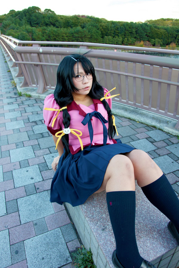 asian black_hair breasts chouzuki_maryou cosplay female glasses huge_breasts long_hair outside shoes skirt socks solo