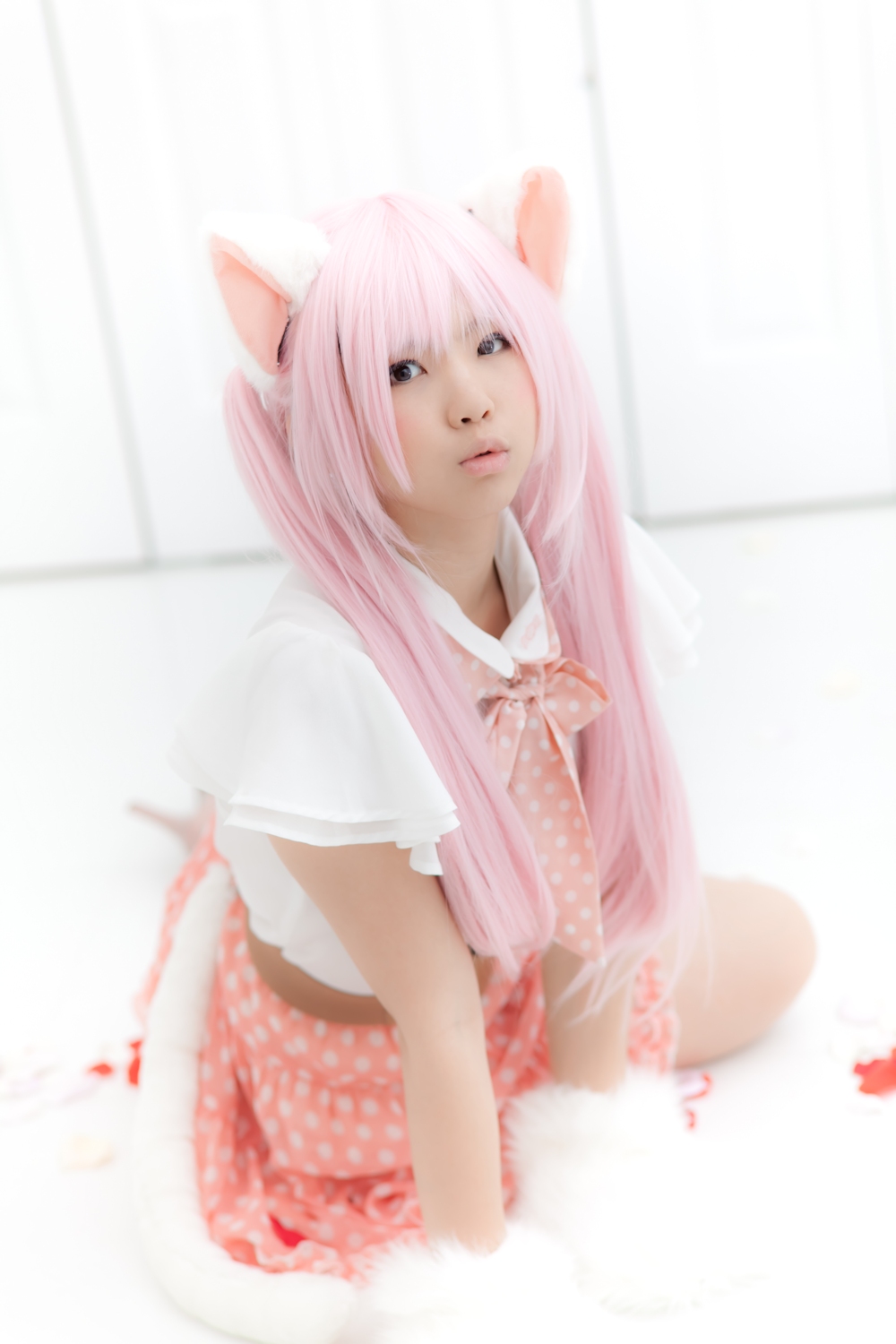 animal_ears asian breasts cosplay enako female long_hair pink_hair solo