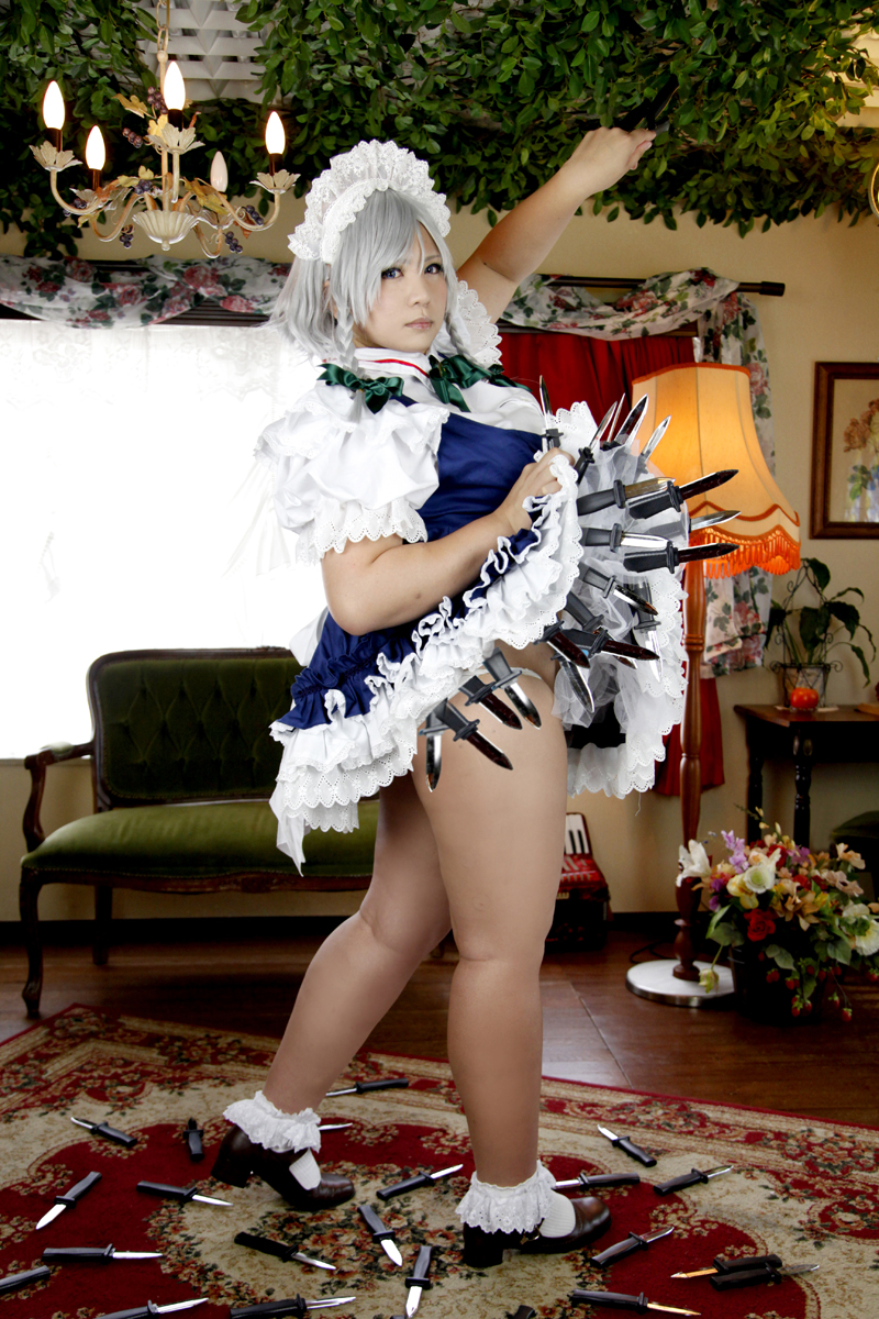 breasts chouzuki_maryou cosplay dress female grey_hair huge_breasts knife maid short_hair solo watermark weapon