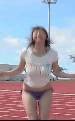 1girl animated asian bare_legs bikini bouncing_breasts bouncy breasts cute female female_only front_view gif jump_rope jumping navel outdoors outside parted_lips photo plants shirt shoes side-tie_bikini sky smile smiling solo solo_female t-shirt teeth tree white_shirt white_shoes wide_hips