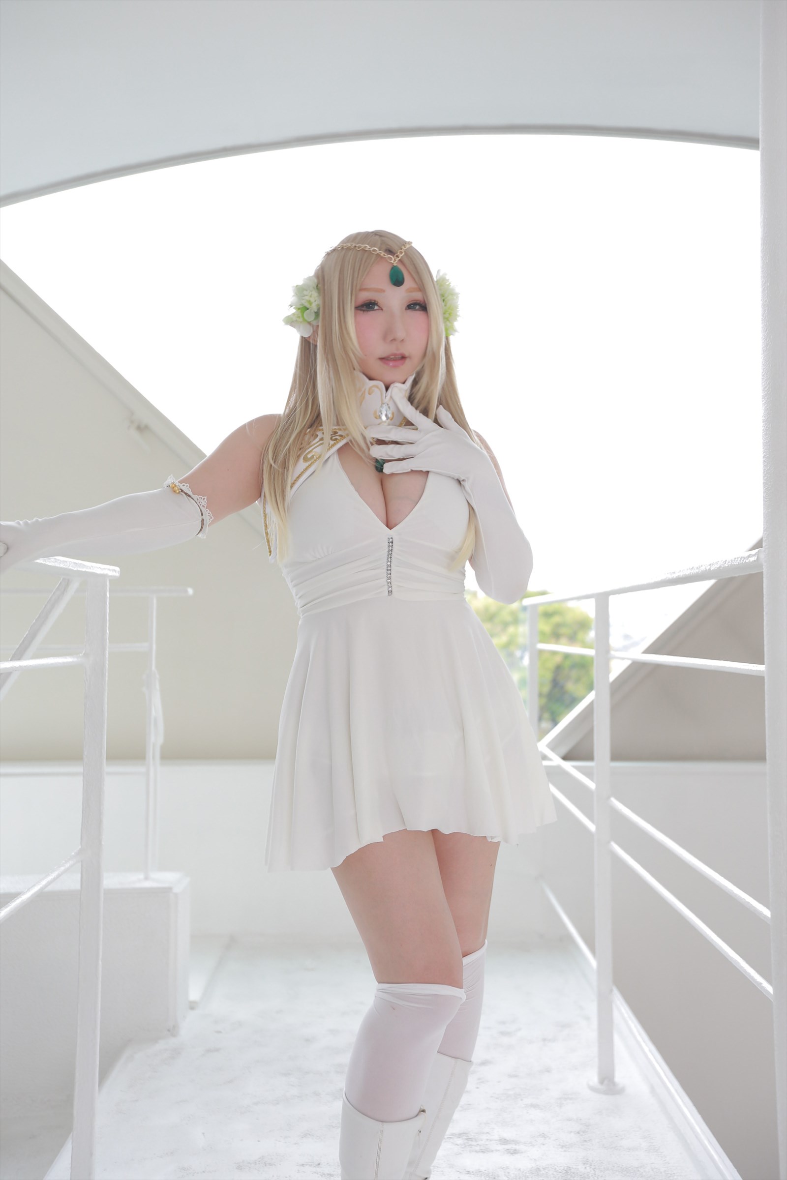 asian blonde_hair breasts cosplay female long_hair shooting_star solo
