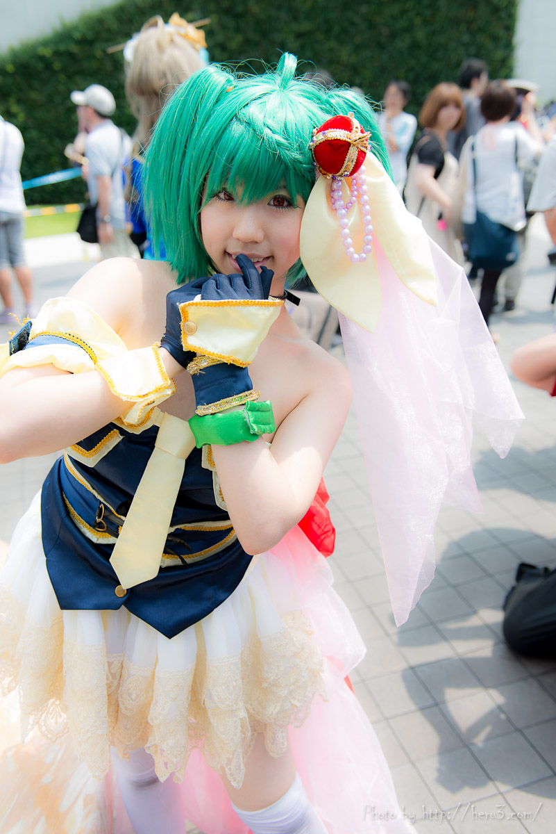 asian breasts cosplay green_hair long_hair outside skirt