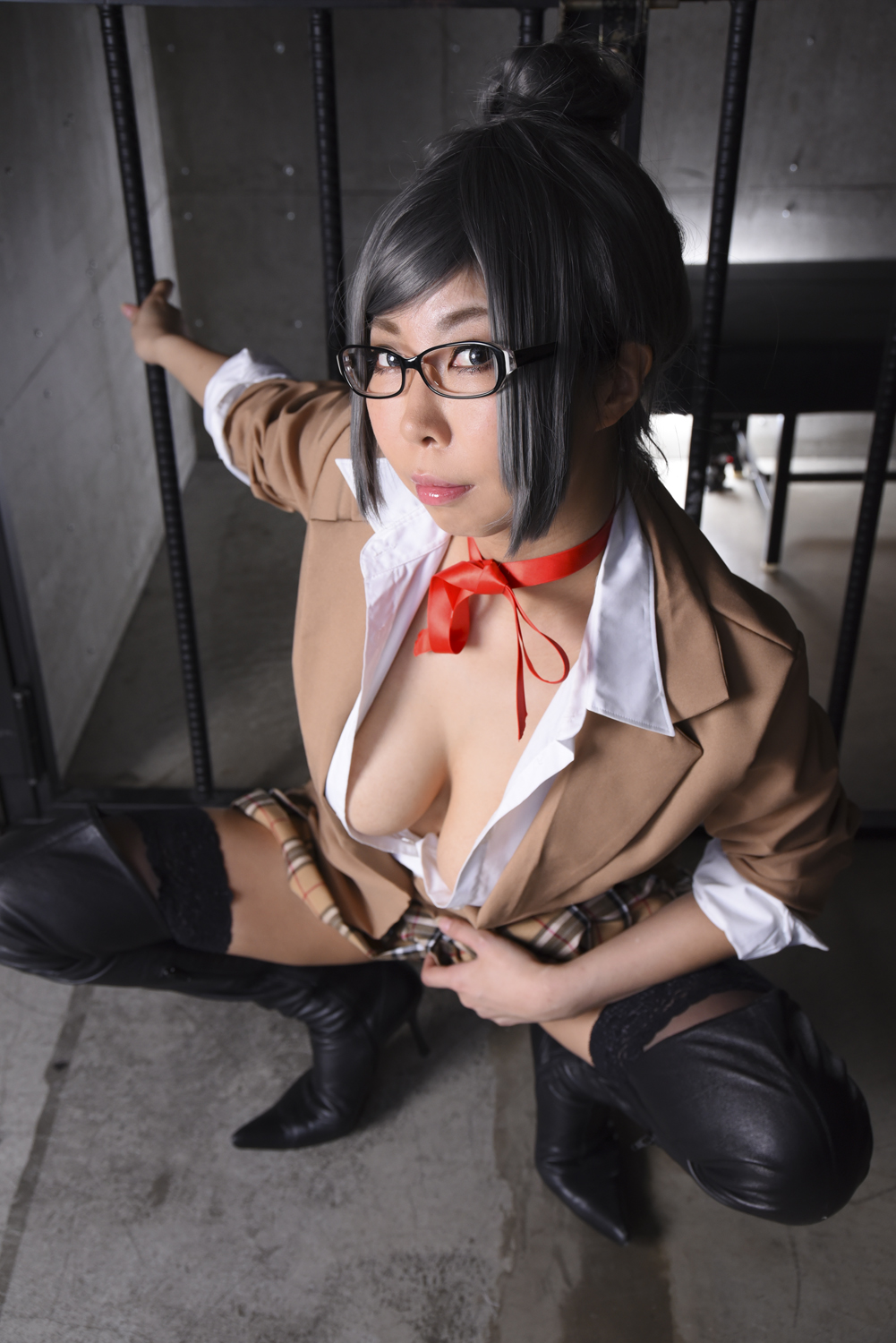 asian breasts cosplay female glasses grey_hair large_breasts long_hair solo