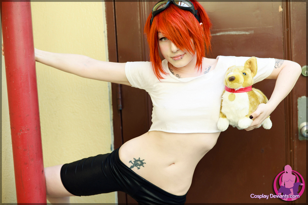 breasts cosplay female long_hair porphyria red_hair solo tattoo watermark