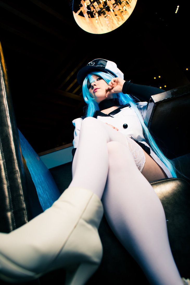 1girl akame_ga_kill! breasts cosplay esdeath female from_below long_hair solo tagme wig