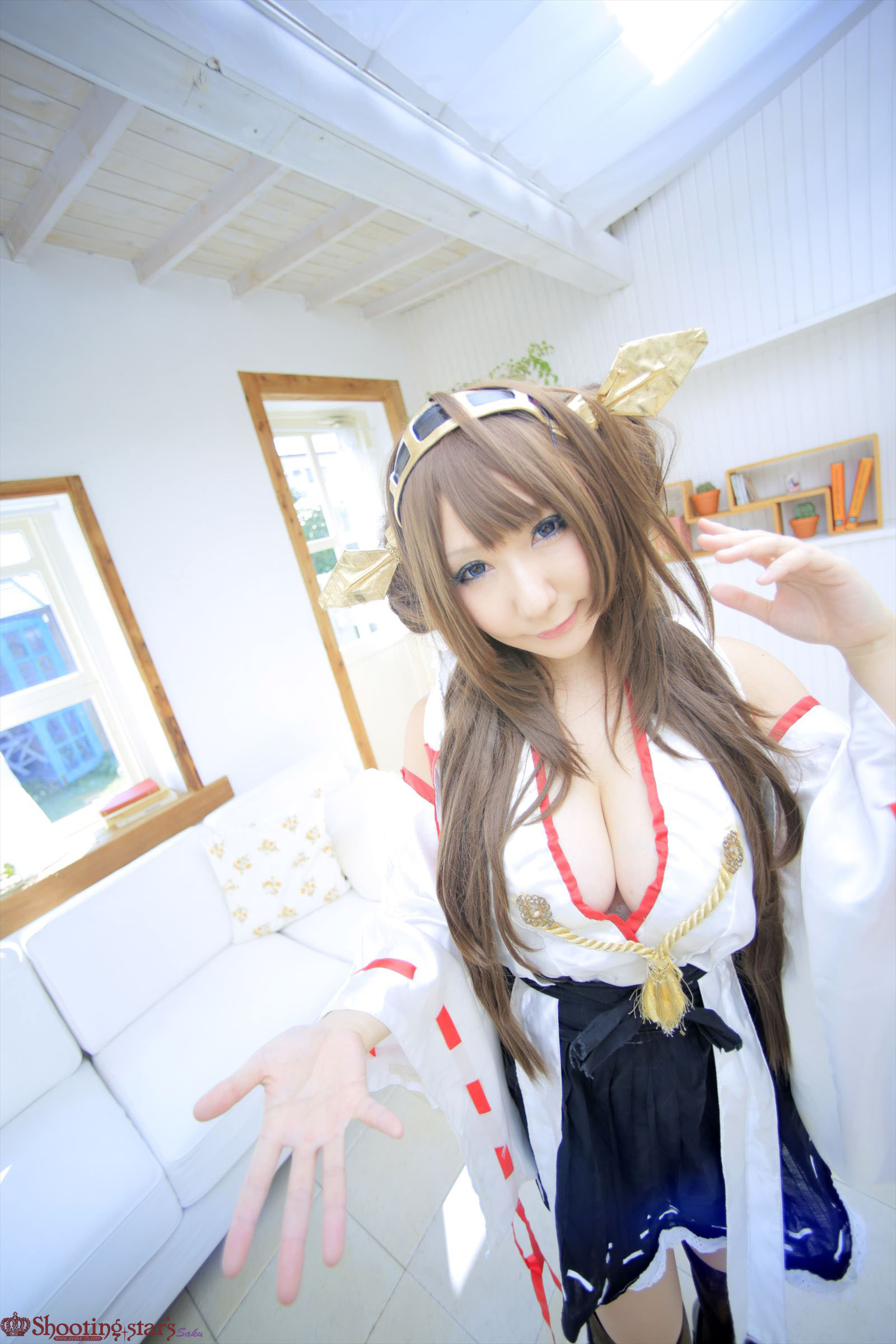 1girl asian breasts brown_hair cleavage cosplay female hairband high_heels japanese kantai_collection kneehighs kongou_(kantai_collection) large_breasts long_hair shoes shooting_star skirt solo watermark
