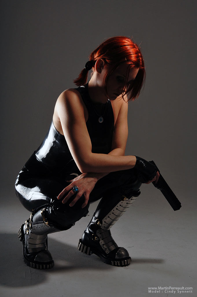 belt boots breasts cindy_synnett female latex long_hair orange_hair red_hair solo watermark