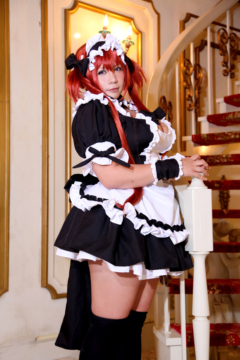 asian breasts chouzuki_maryou dress female huge_breasts long_hair maid plump red_hair shoes socks solo watermark