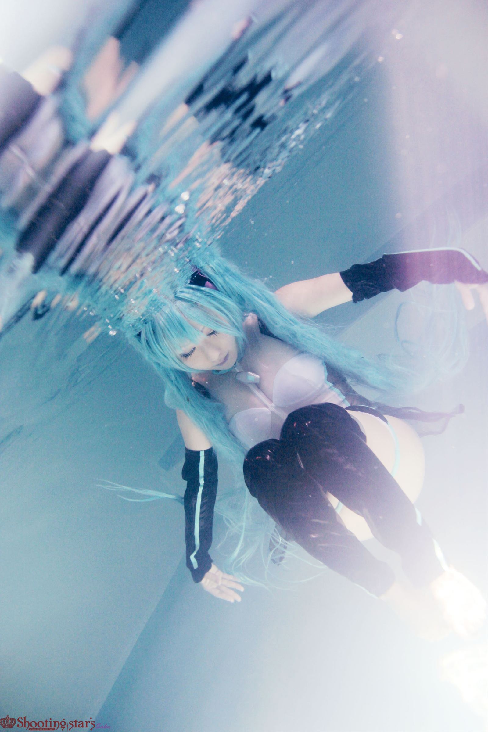 aqua_hair asian breasts cosplay elbow_gloves female gloves long_hair pigtails shooting_star solo watermark